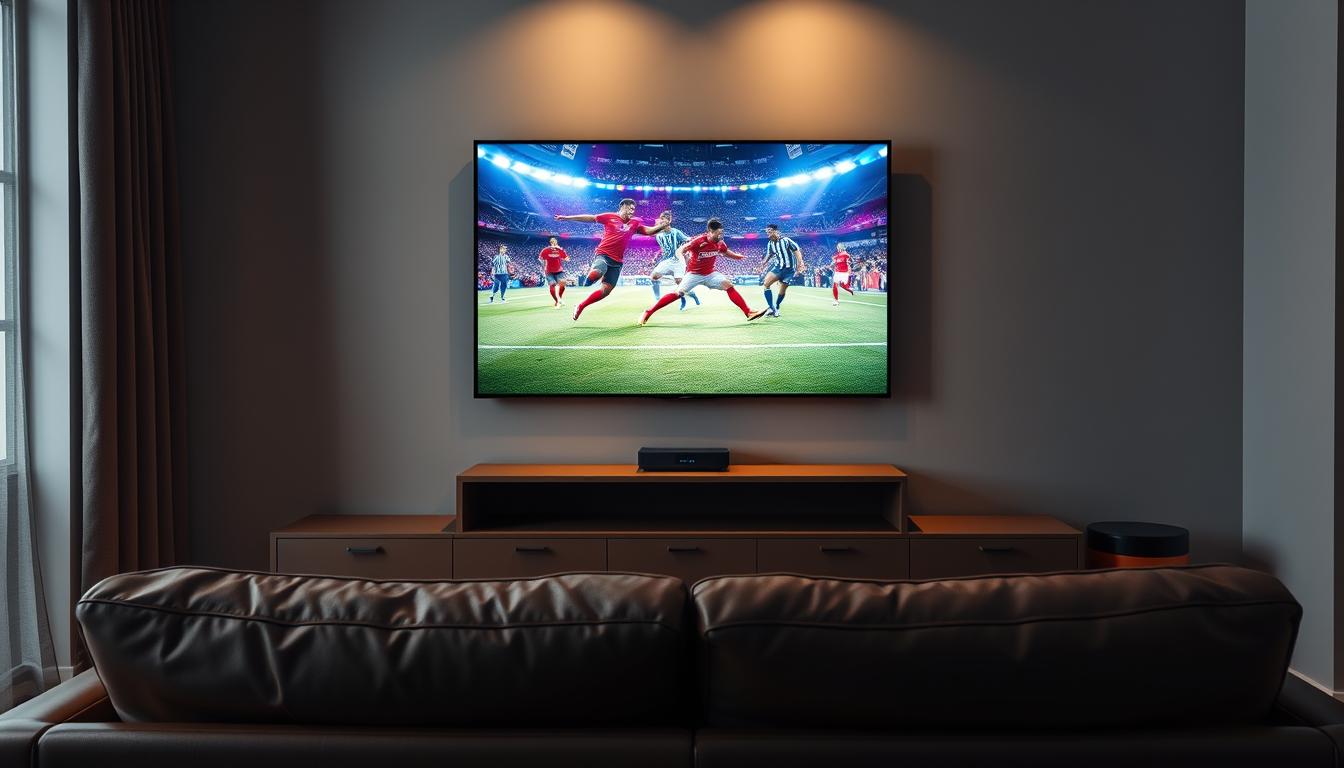 A cozy living room with a large flat-screen TV mounted on the wall, showcasing a vibrant sports event being streamed in crisp 4K resolution. The room is dimly lit, creating a relaxed atmosphere, with a plush leather sofa in the foreground and a sleek, modern IPTV set-top box on a minimalist wooden entertainment center. The lighting is soft and warm, casting a gentle glow on the scene. The TV screen displays a dynamic sports match, with players in vivid, lifelike detail, capturing the excitement and energy of the event. The overall composition conveys the ease and affordability of accessing high-quality sports streaming on an IPTV platform.