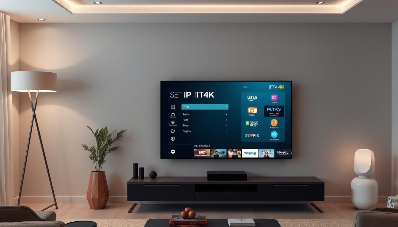 A modern and minimalist living room setting, with a sleek and stylish smart TV displaying the IPTV4K setup interface. The TV is situated on a modern, floating media console, surrounded by minimalist decor elements. Soft, diffused lighting from overhead lamps creates a warm and inviting atmosphere. The room is bathed in muted, natural tones, with occasional pops of color from accent pieces. The IPTV4K setup screen showcases a clean and intuitive user interface, highlighting the various streaming options and channels available. The overall scene conveys a sense of technological integration and seamless entertainment experience within a stylish, contemporary home environment.