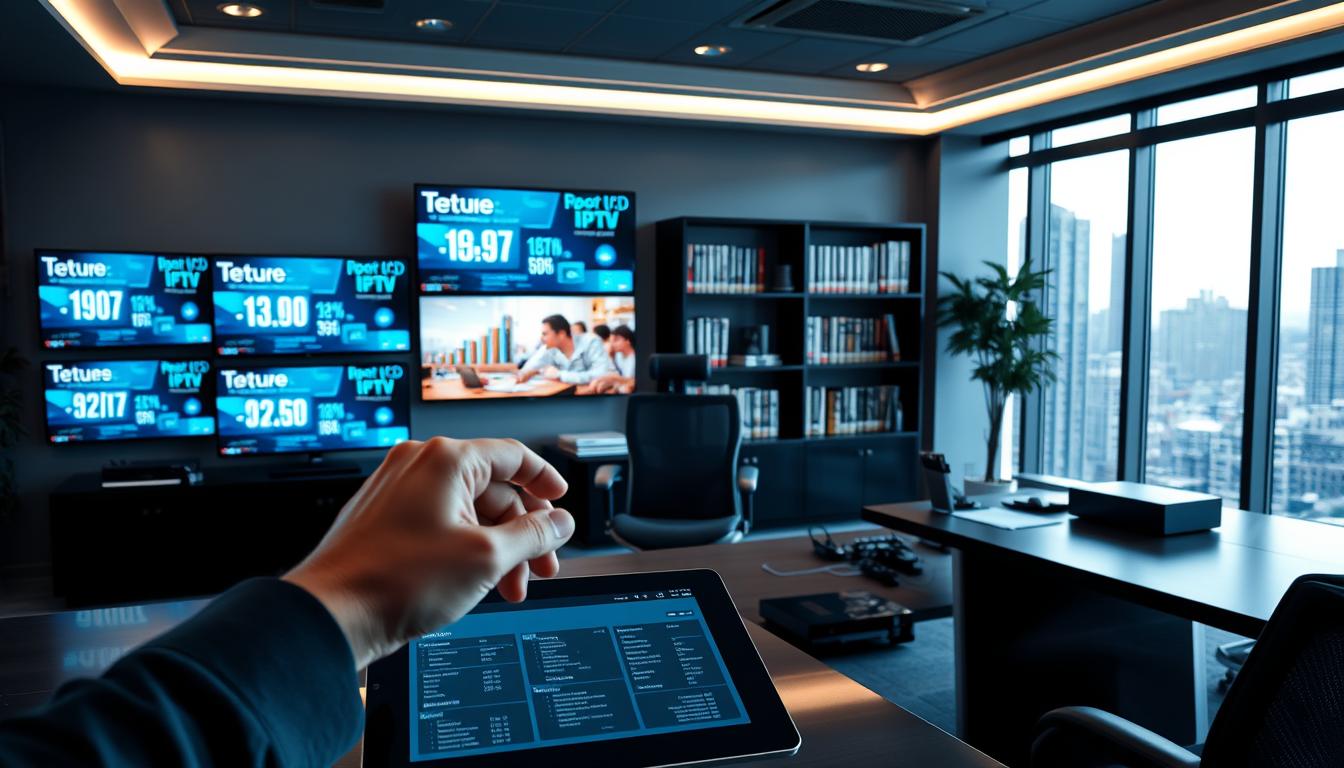 A sleek, modern office setting with a large desk showcasing various digital devices and screens displaying IPTV-related data and statistics. In the foreground, a hand hovers over a tablet, navigating through IPTV service options. The middle ground features a stylish ergonomic chair and a bookshelf filled with technical manuals and industry publications. The background is softly lit, with a large window overlooking a cityscape, conveying a sense of professionalism and technological prowess. The overall atmosphere is one of informed decision-making and the exploration of the latest IPTV trends.