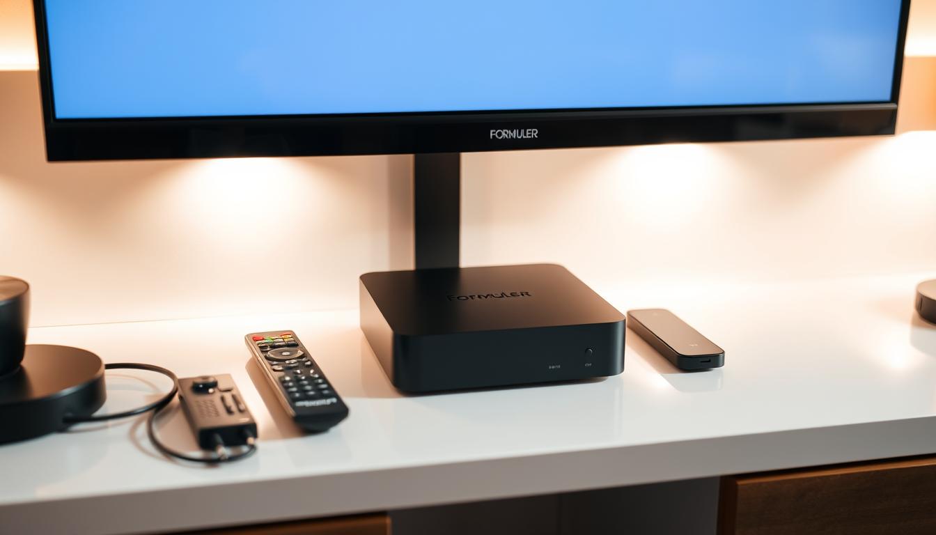 A sleek and modern Formuler IPTV box set up in a well-lit home entertainment setup. The box is prominently displayed on a clean, minimalist media cabinet, surrounded by neatly arranged accessories like remote controls and cables. The lighting is soft and diffused, creating a warm, inviting atmosphere. The camera angle is slightly elevated, providing a clear, unobstructed view of the device and its immediate environment. The overall scene conveys a sense of technological sophistication and seamless integration into a stylish living space.
