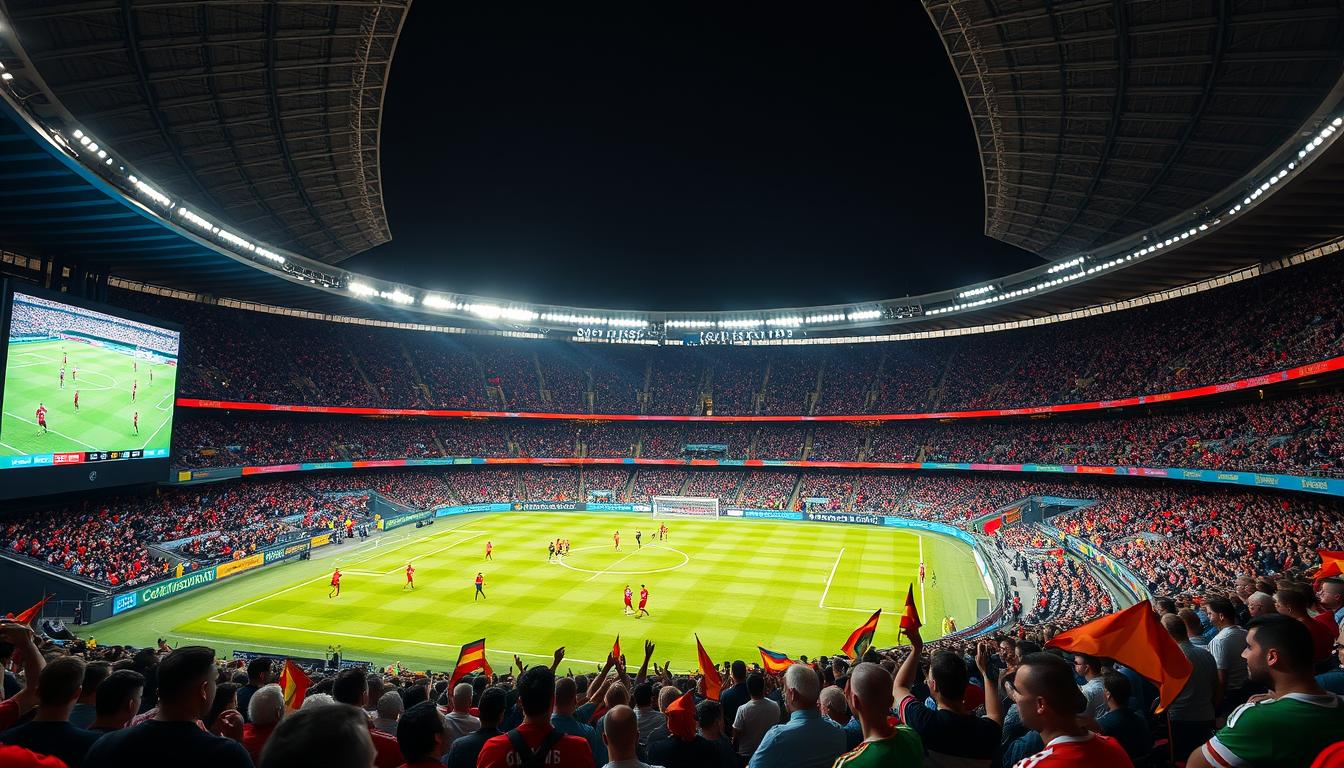 A vibrant sports arena in Portugal, flooded with passionate fans watching a thrilling IPTV broadcast of a live football match. In the foreground, a large high-definition screen displays the action on the pitch, surrounded by spectators engrossed in the game. The middle ground features rows of comfortable stadium seating, with spectators of all ages clad in team colors, waving flags and cheering enthusiastically. The background showcases the iconic architecture of the stadium, with its sleek, modern design and state-of-the-art lighting system bathing the scene in a warm, energetic glow. The overall atmosphere conveys the excitement and camaraderie of the IPTV sports experience in Portugal, where fans can never miss a match.