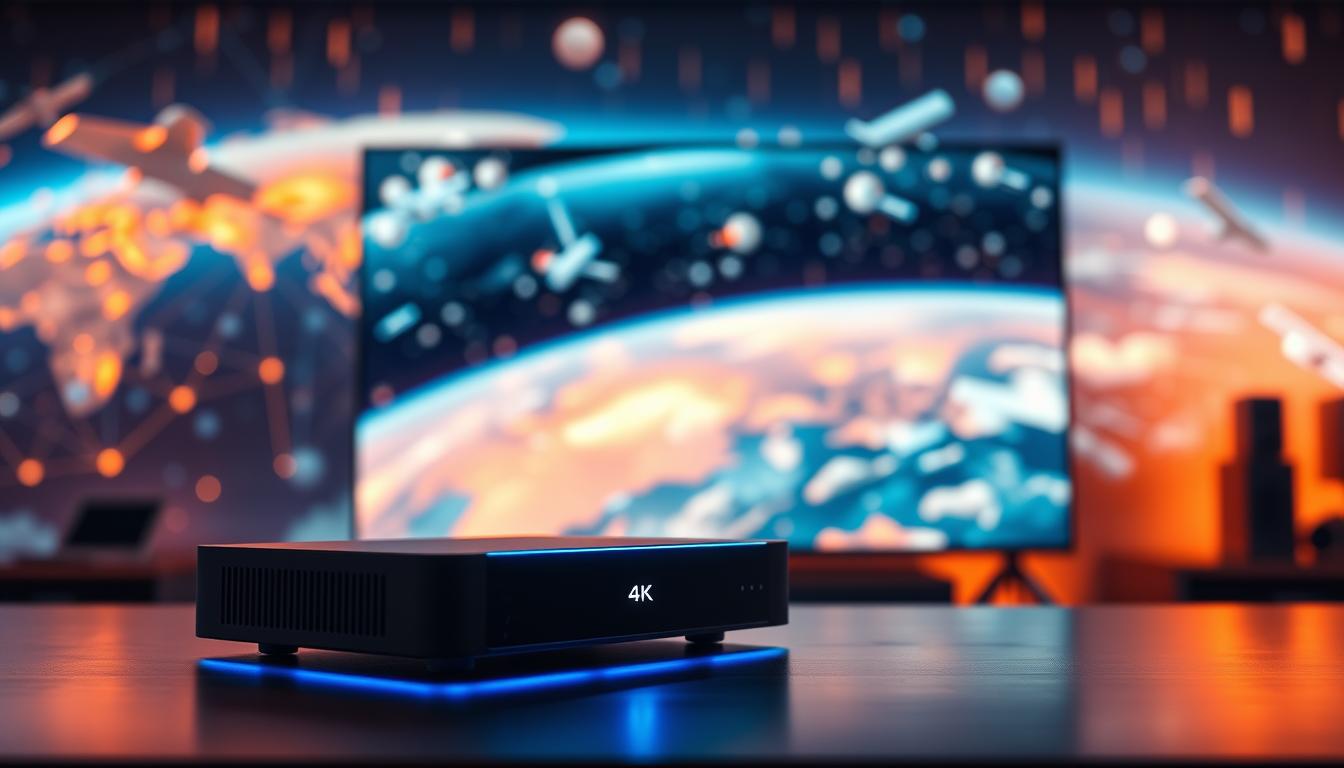A futuristic 4K IPTV system, bathed in a warm, neon-tinged glow. In the foreground, a sleek, minimalist set-top box emits a soft blue light, hinting at its advanced capabilities. In the middle ground, a high-resolution display showcases breathtaking 4K imagery, its vibrant colors and crisp details a testament to the power of this cutting-edge technology. The background is a blurred, abstract landscape of interconnected networks and satellite imagery, symbolizing the global reach and interconnectivity of this future IPTV system. The overall scene conveys a sense of innovation, immersion, and the seamless integration of cutting-edge video technology into our daily lives.