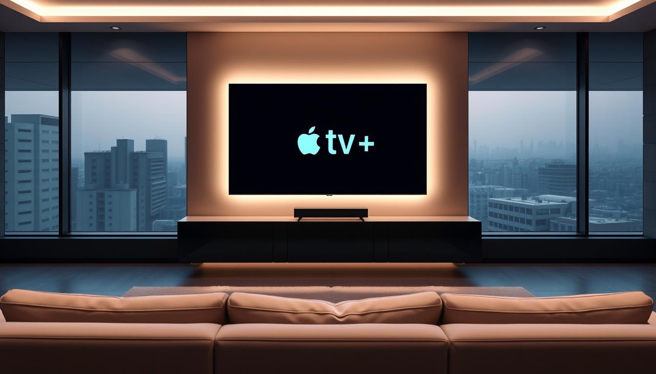 A sleek, minimalist living room scene with an ultra-high-definition (UHD) television at the center, displaying a vibrant, crystal-clear image. The TV is mounted on a modern, floating wall unit, surrounded by subtle ambient lighting that creates a warm, inviting atmosphere. In the foreground, a plush, contemporary sofa faces the screen, hinting at the premium viewing experience. The background features large windows overlooking a serene, urban landscape, bathed in soft, natural light. The overall composition conveys a sense of sophisticated, high-quality streaming, perfectly suited for the Apple TV+ platform.