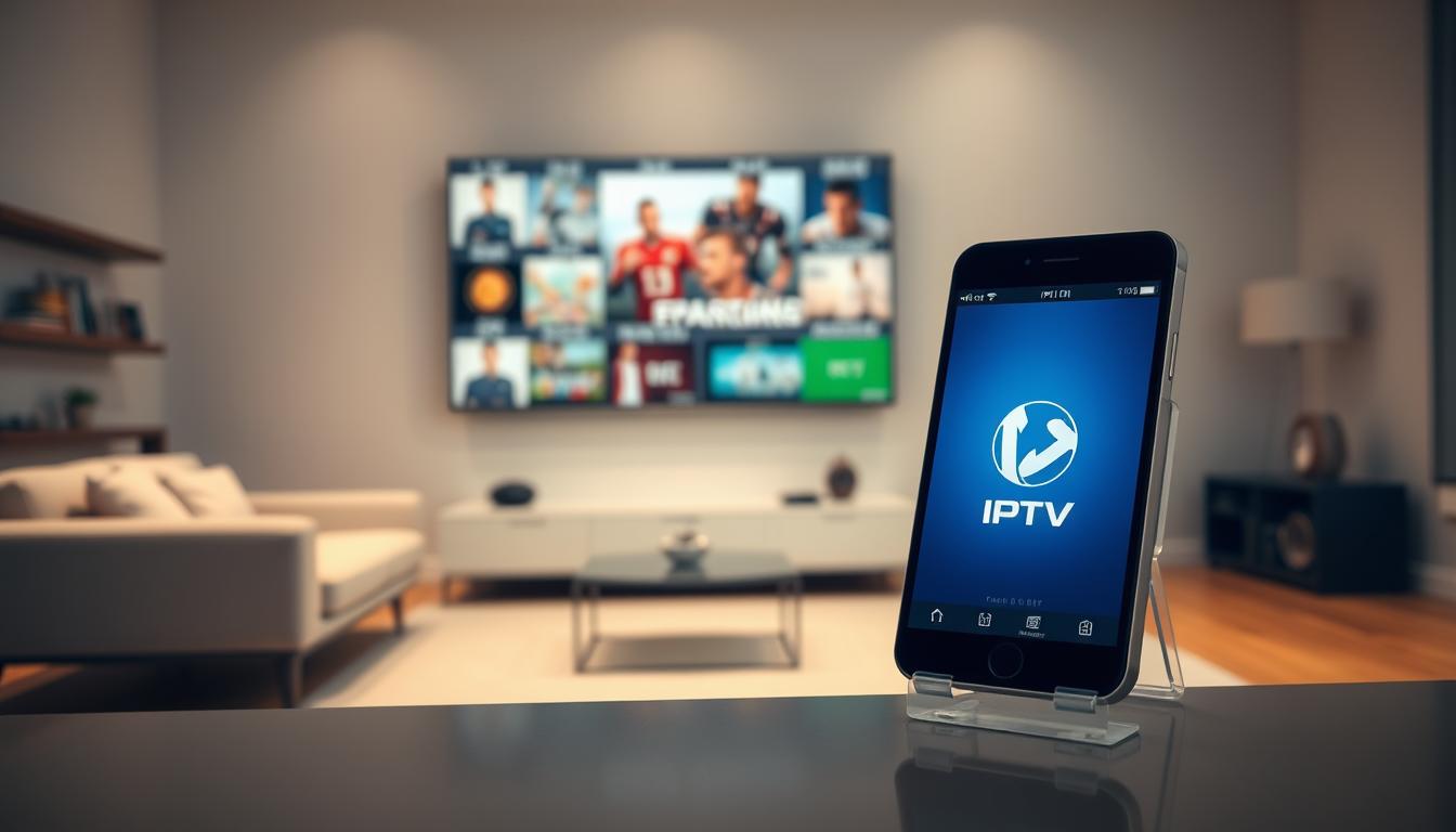 A sleek and modern digital device, a smartphone or tablet, prominently displayed in the foreground, with the IPTV service's logo and branding subtly integrated into the screen's interface. The middle ground features a minimalist living room setting, with a comfortable couch and a large, high-definition television screen showcasing a diverse range of live TV channels, movies, and sports content. The background is softly blurred, creating a sense of depth and focus on the central elements. The lighting is warm and inviting, evoking a cozy and affordable home entertainment experience. The overall composition and styling suggest a premium, yet accessible, IPTV subscription service.