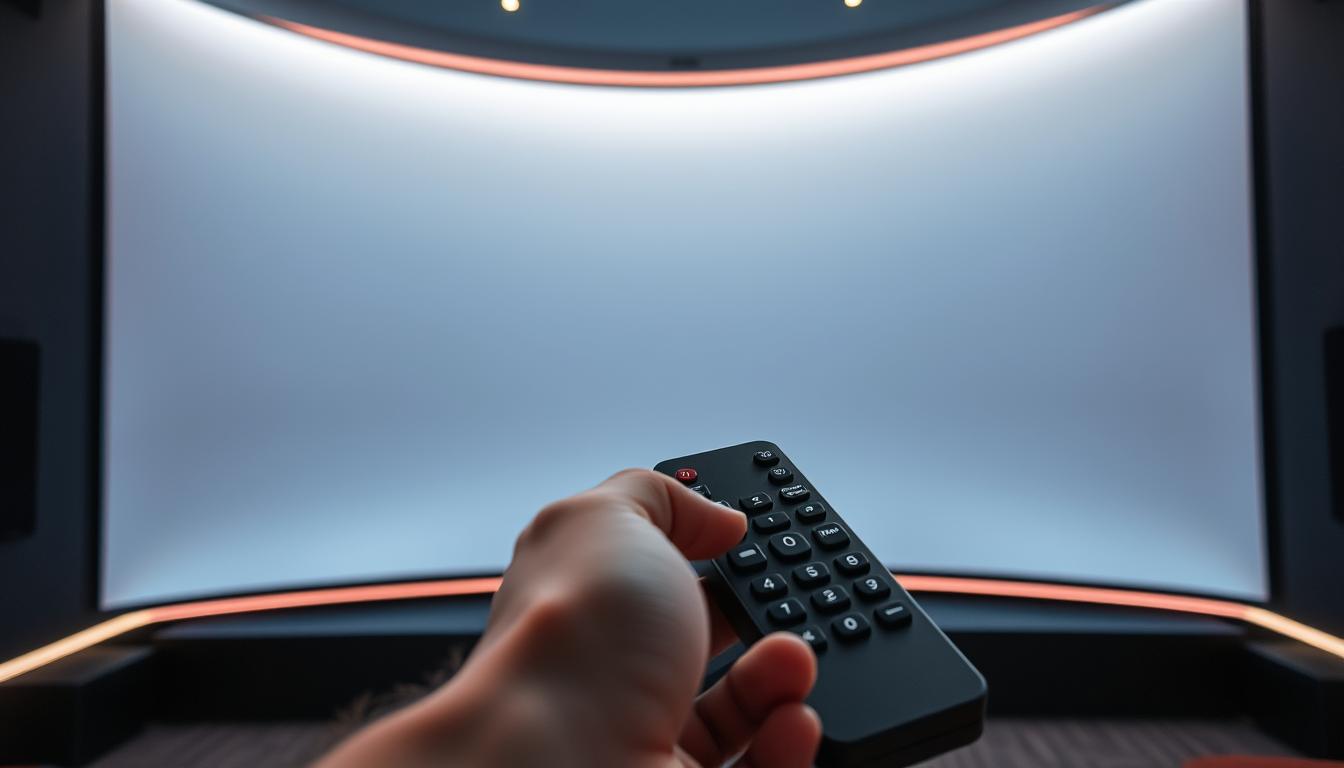 A large IMAX-style movie screen dominates the frame, its curved surface emitting a soft, ethereal glow. The screen is surrounded by a minimalist, high-tech entertainment center, with sleek black components and tactile control panels. In the foreground, a hand holds a remote control, its buttons and interface illuminated, conveying a sense of troubleshooting and interactivity. The lighting is dramatic, with shadows and highlights accentuating the technical details. The overall mood is one of futuristic, cinematic technology, evoking a sense of both wonder and problem-solving.