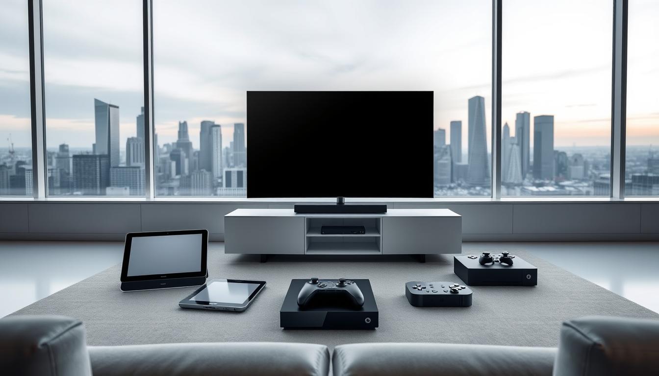 A sleek, minimalist living room with large windows overlooking a modern city skyline. In the center, an elegant entertainment system with a large 4K OLED TV surrounded by various smart devices - a voice-controlled speaker, a tablet, a gaming console, and a streaming box. The devices are seamlessly connected, creating a cohesive multi-screen experience. Soft, indirect lighting highlights the clean lines and premium materials of the setup. The room exudes a sense of technological sophistication and luxury, reflecting the premium quality of the Santral IPTV service.