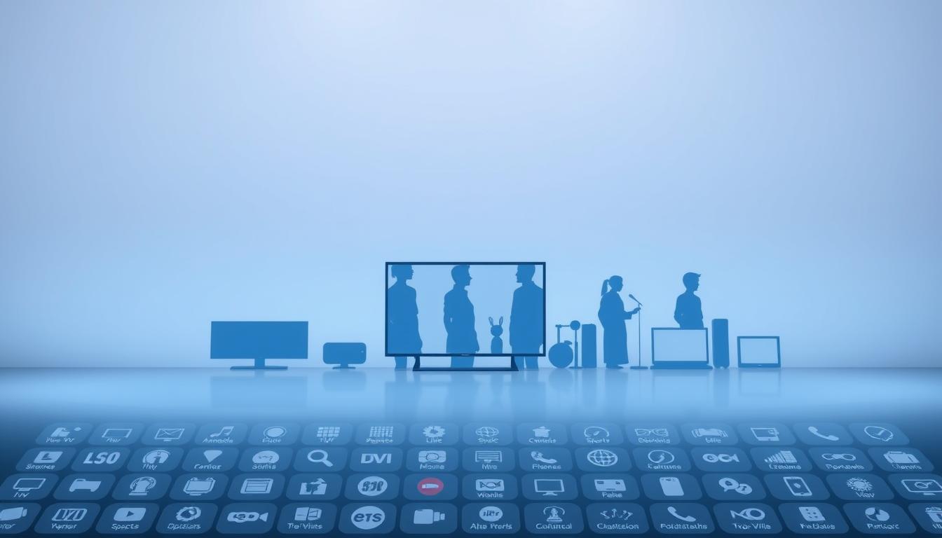 A head-to-head comparison of the top IPTV service providers for Portugal, showcased against a modern minimalist backdrop. In the foreground, a grid of neatly arranged icons representing different IPTV features like live TV channels, sports, movies, and more. The middle ground features stylized silhouettes of various devices like smart TVs, smartphones, and tablets, hinting at the diversity of platforms supported. The background is a clean, gradient-based design with subtle textures, creating a professional, information-rich atmosphere. Lighting is soft and diffused, with a cool color palette to convey a sense of authority and reliability. The overall composition should feel streamlined, data-driven, and visually appealing to complement the article's subject matter.