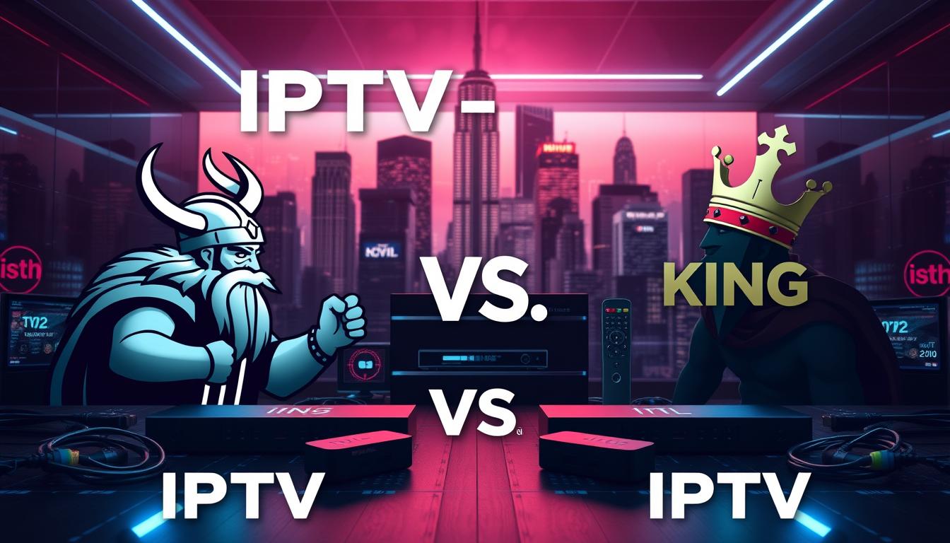 A detailed head-to-head comparison of IPTV Viking and King IPTV set against a sleek, high-tech backdrop. In the foreground, the two streaming services are represented by stylized Viking and royal iconography, locked in a digital battle. The middle ground features a dynamic array of streaming devices, cables, and UI elements, hinting at the technical capabilities of each platform. The background is a moody, neon-tinged cityscape, conveying the global reach and 24/7 availability of these IPTV providers. Dramatic lighting and cinematic camera angles lend an air of intensity and importance to the scene, befitting the significance of this head-to-head matchup.