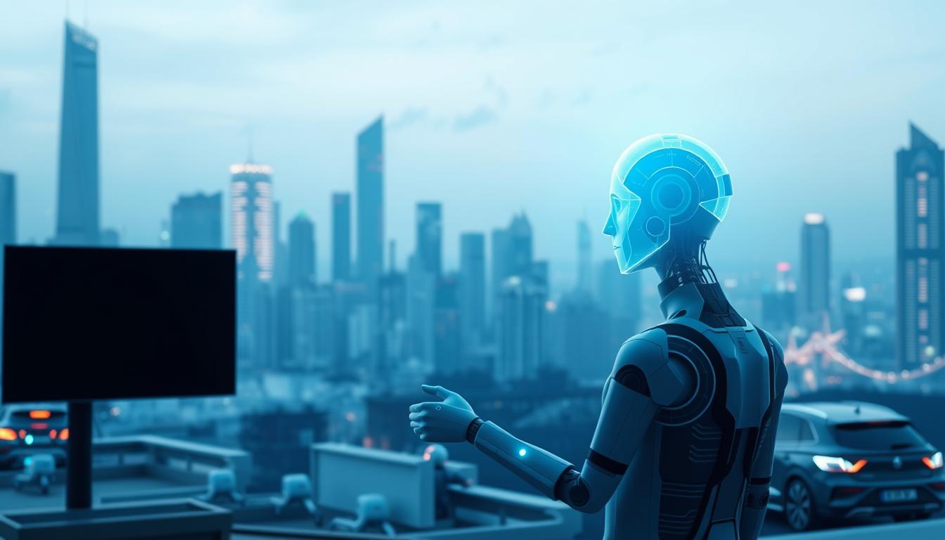 A sleek, minimalist IPTV interface hovers above a futuristic cityscape, with skyscrapers and autonomous vehicles in the background. In the foreground, a stylized AI agent, represented by a glowing, geometric head, interacts with the IPTV controls, seamlessly integrating machine learning algorithms to personalize the viewer's experience. The scene is bathed in a cool, blue-tinted lighting, evoking a sense of technological sophistication and innovation. The overall composition suggests the seamless integration of AI and IPTV, showcasing the potential for intelligent, customized streaming services of the future.