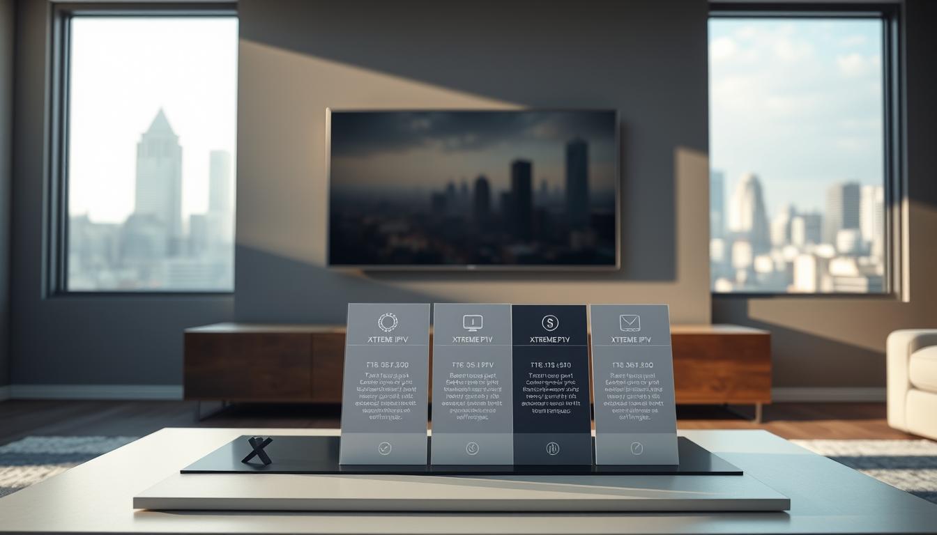 Dramatic overhead shot of a modern, minimalist living room with a large flat-screen TV mounted on the wall. On the coffee table in the foreground, display a sleek, elegant arrangement of XTREME IPTV subscription plan offerings, each with a minimalist icon and brief description. The background should feature a blurred, out-of-focus city skyline visible through large windows, conveying a sense of urban sophistication. Soft, directional lighting from above casts subtle shadows, creating depth and dimensionality. The overall mood should be one of high-end, premium entertainment experiences tailored to the viewer's budget and preferences.