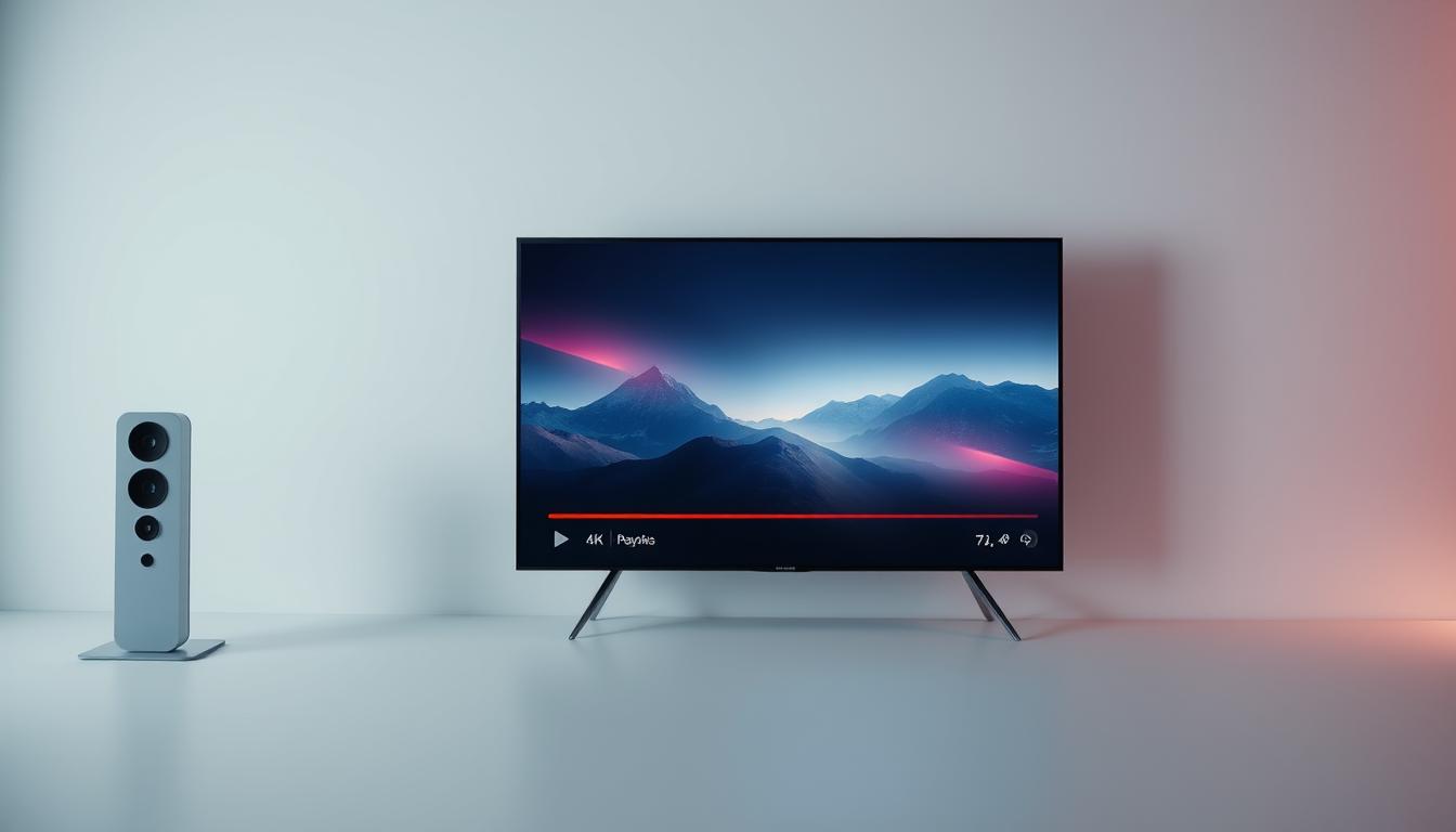 A sleek, modern user interface design showcasing a clean, minimalist aesthetic. In the foreground, a series of intuitive navigation menus and controls arranged in a grid layout, hinting at a seamless, responsive experience. The middle ground features a large, high-definition video player, showcasing crisp, vibrant 4K video playback. The background is a subtle gradient, evoking a sense of depth and professionalism. Soft, diffused lighting creates a warm, inviting atmosphere, while the camera angle provides a slightly elevated perspective, giving the impression of a premium, high-end streaming service.