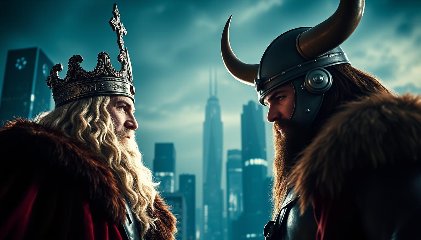 A head-to-head clash between King IPTV and IPTV Viking, two leading IPTV service providers in Sweden. King IPTV, the reigning champion, stands tall and proud, its regal insignia gleaming in the spotlight. IPTV Viking, the challenger, stares defiantly, its horned helmet and rugged Viking attire commanding attention. The two titans face off in a dramatic, cinematic composition, captured with a wide-angle lens and dramatic backlighting that casts dramatic shadows, heightening the sense of tension and rivalry. The background is a stylized, futuristic cityscape, hinting at the cutting-edge technology and fierce competition in the Swedish IPTV market.