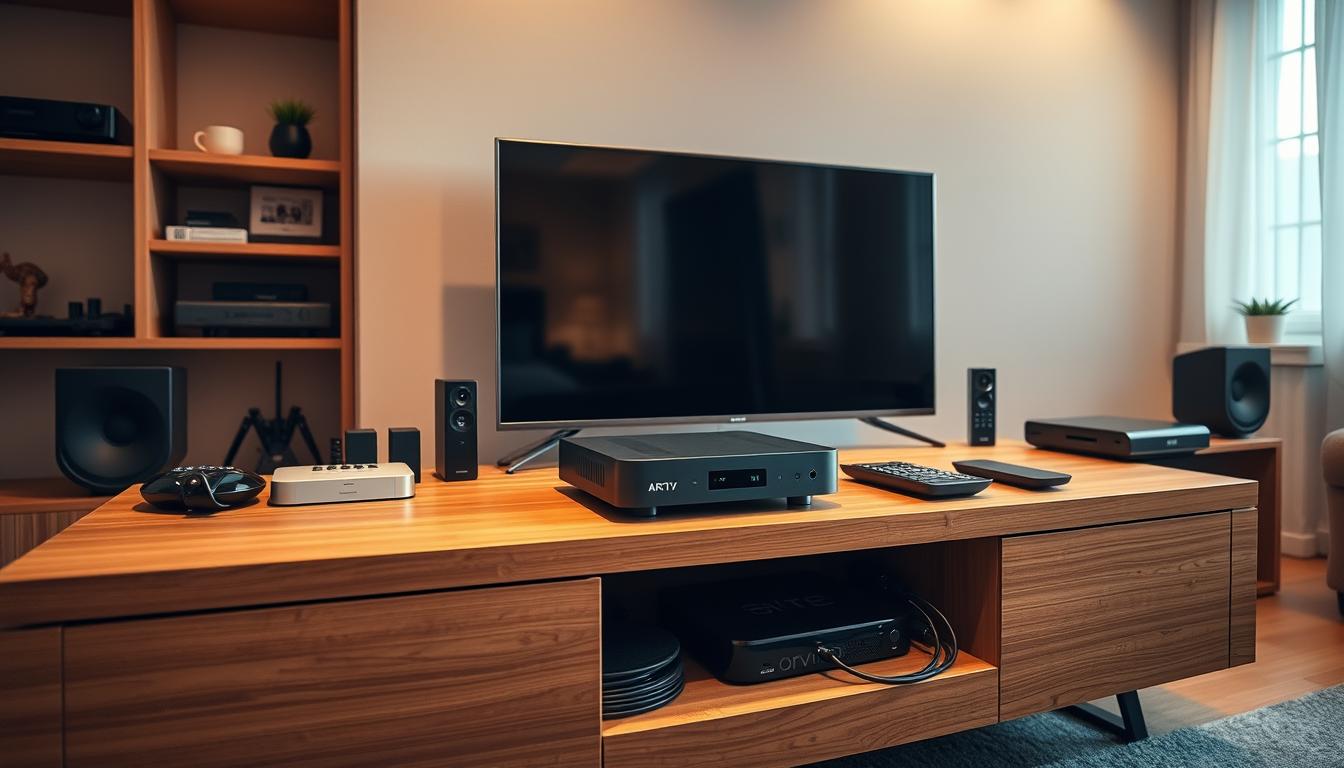 A sleek, modern home entertainment setup with an AIRTV IPTV device prominently displayed on a minimalist wooden entertainment center. The device is surrounded by various streaming devices, remote controls, and a state-of-the-art television. The room is bathed in warm, soft lighting, creating a cozy and inviting atmosphere. The camera angle is slightly elevated, providing a clear view of the setup process, with cables neatly organized and hidden from sight. The overall scene conveys a sense of effortless integration of technology into a stylish, comfortable living space.