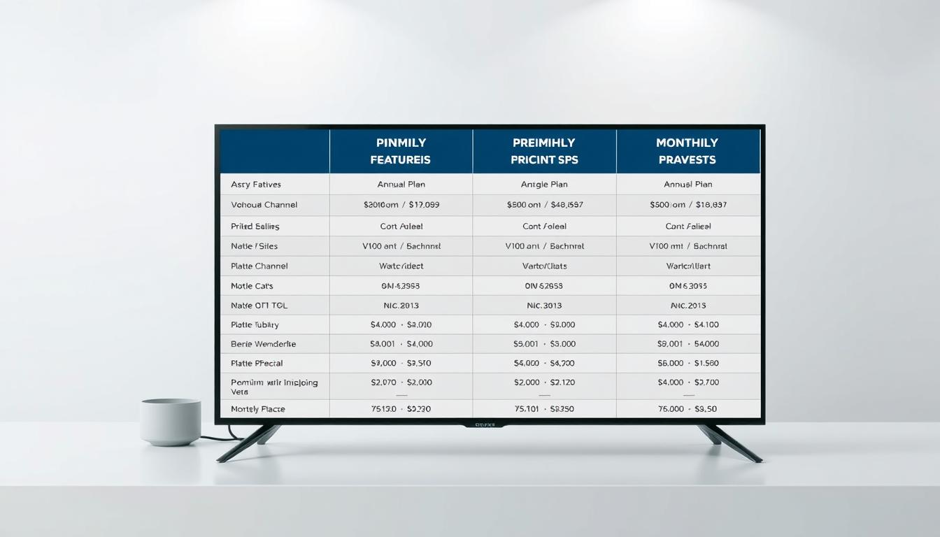 A sleek, modern table displaying the pricing plans of various premium IPTV services in a clean, organized manner. The table is set against a minimalist, slightly blurred background, with soft lighting that creates a professional, informative atmosphere. The plan details are presented in a clear, easy-to-compare format, showcasing the features, channels, and monthly/annual costs for each service. The overall composition is balanced, with ample negative space to allow the pricing information to take center stage, guiding the viewer's attention to the key comparative details.