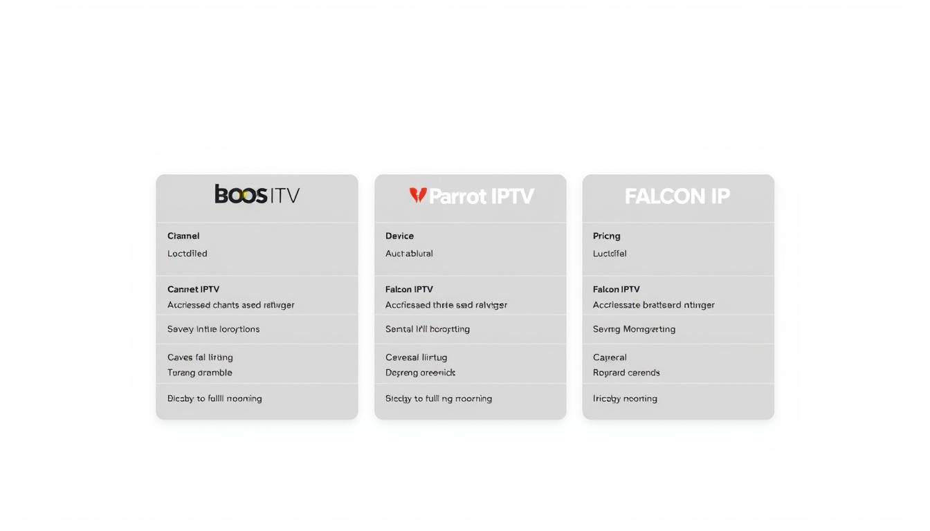 A sleek, minimalist comparison of IPTV services, showcasing the key features and offerings of BOOS IPTV, Parrot IPTV, and Falcon IPTV. Set against a clean, light-colored background, the image features three distinct panels, each highlighting a provider's logo, channel lineup, device compatibility, and pricing information. The layout is visually balanced, with a focus on clear, concise data presentation. Subtle gradients and soft shadows add depth and polish, while a slightly low-key, professional tone evokes the authoritative nature of the article's subject matter.