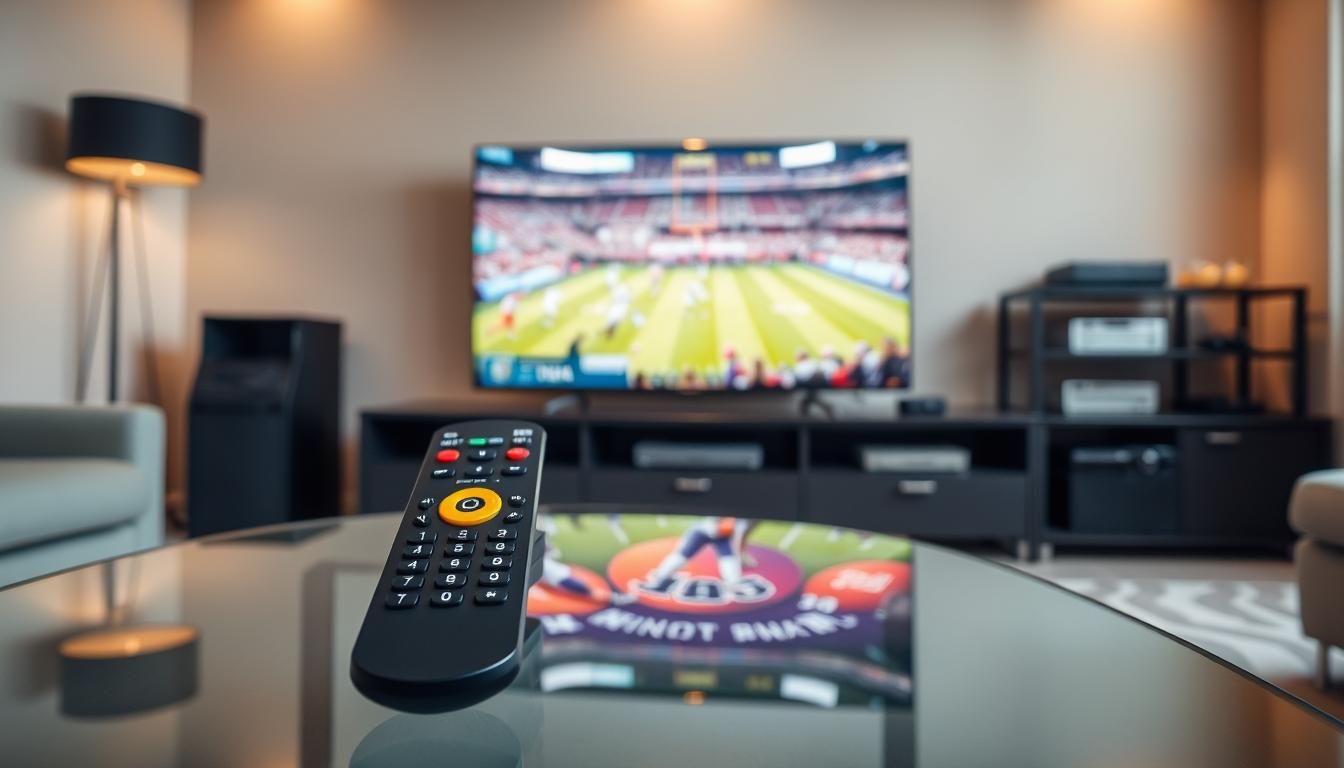 A sleek, minimalist sports streaming setup. In the foreground, a modern IPTV remote with a bold, vibrant design sits atop a glass coffee table. The middle ground features a large, high-definition TV displaying a live sports event, bathed in warm, soft lighting. In the background, a neatly organized entertainment center houses various streaming devices, conveying a sense of technological sophistication. The overall scene exudes a premium, luxurious atmosphere, perfectly suited for the discerning sports fan.