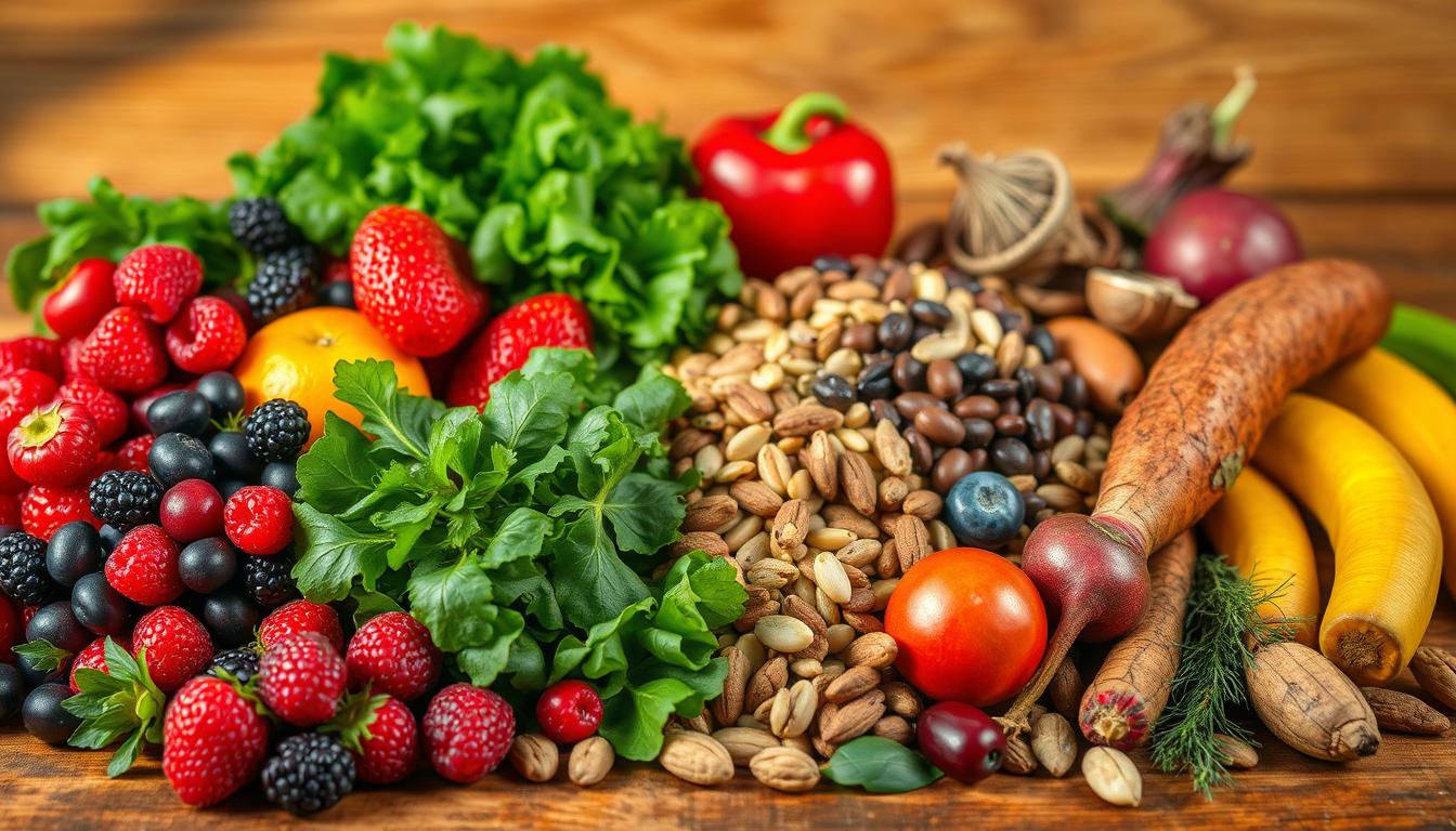 A vibrant still life showcasing a carefully curated selection of CookSay nutrient-rich foods. In the foreground, an assortment of fresh fruits and vegetables - juicy berries, crisp greens, vibrant root vegetables - arranged with artistic flair. In the middle ground, a selection of nuts, seeds, and legumes, their natural textures and hues complementing the produce. The background features a wooden table or rustic surface, bathed in warm, natural lighting that casts gentle shadows, creating a sense of depth and atmosphere. The overall composition conveys a sense of balance, wellness, and the nourishing power of a well-rounded, whole-food diet.