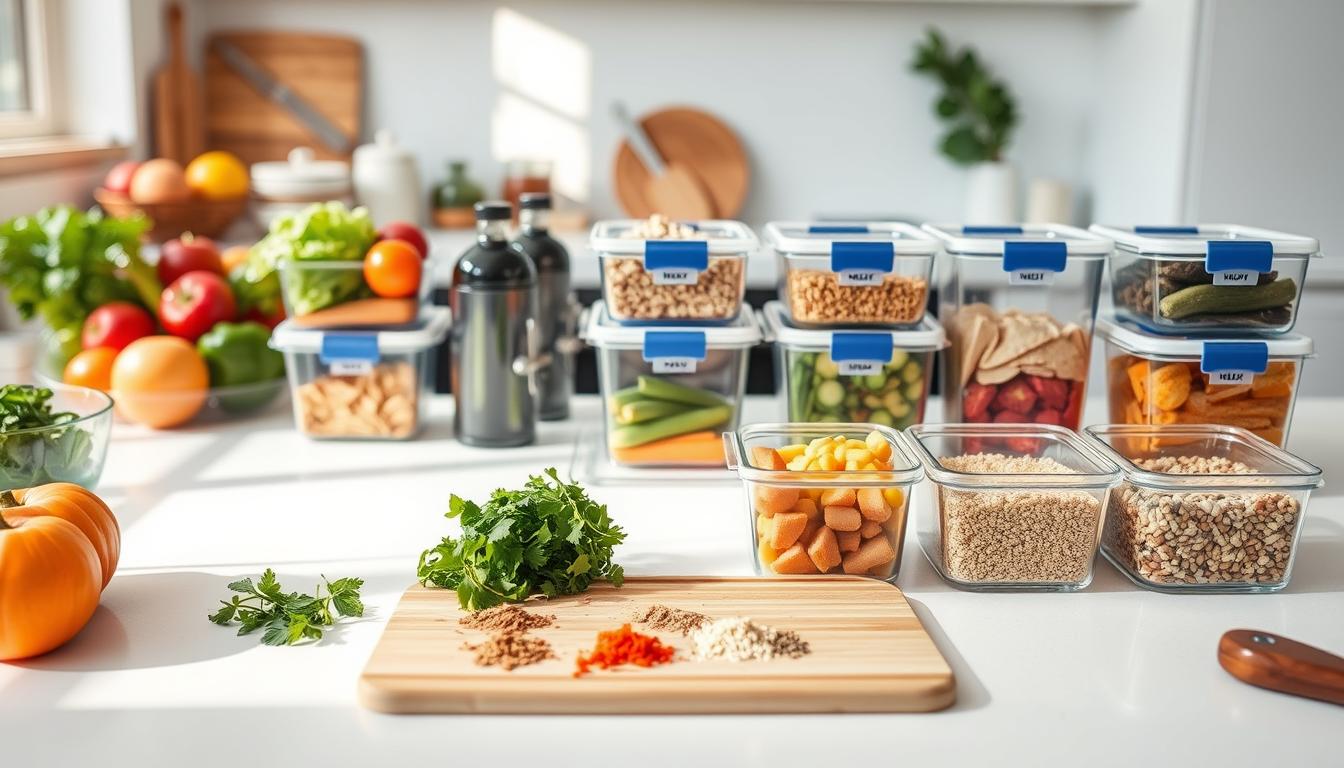 A well-lit kitchen counter showcases a variety of meal prep containers, each filled with colorful, neatly organized ingredients. Fresh produce, lean proteins, and whole grains create a visually appealing and balanced spread. In the foreground, a CookSay cutting board with fresh herbs and spices, representing the essential seasonings for flavorful meals. The middle ground features reusable glass containers, each labeled with the day of the week, emphasizing the importance of planning and organization. In the background, a minimalist kitchen with clean lines and natural light, creating a calming, streamlined atmosphere for stress-free meal preparation.