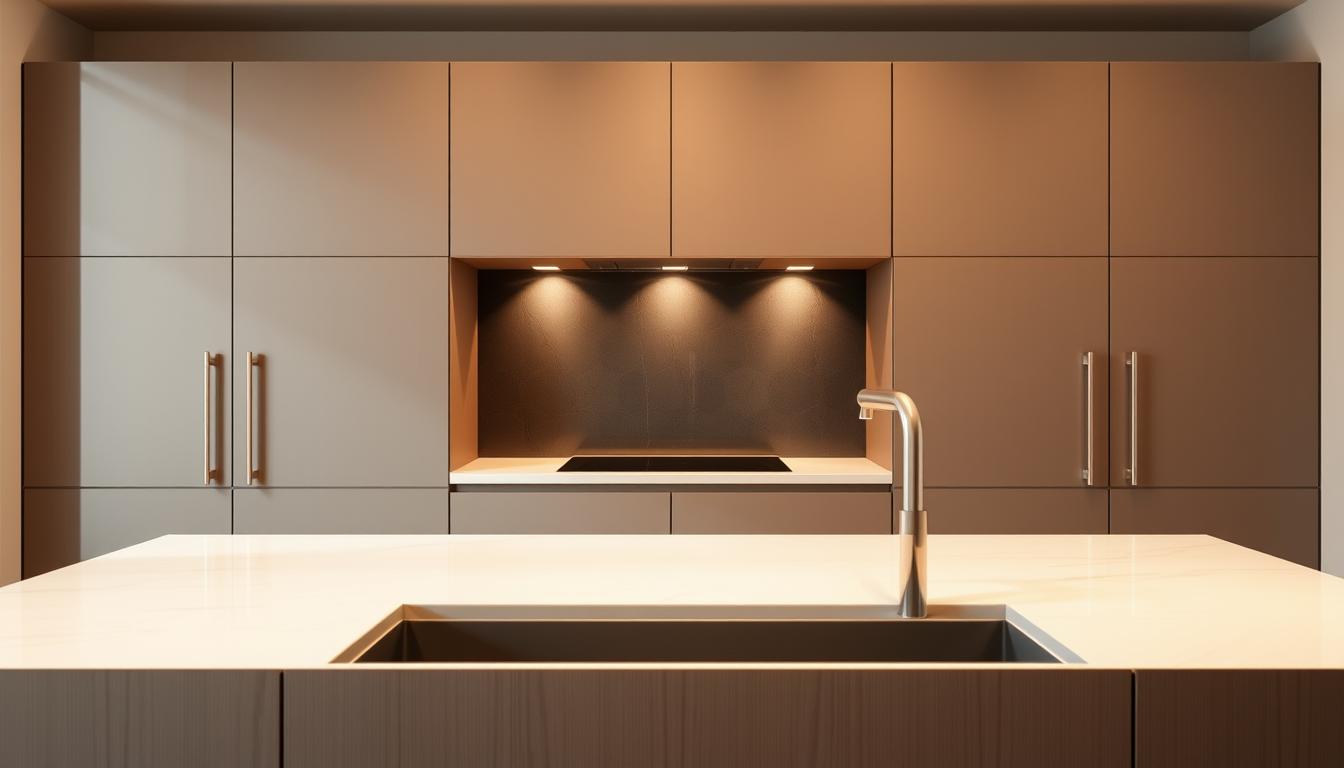A sleek, modern kitchen with a striking focal point - a set of elegant, on-trend cabinet doors. The doors are crafted from high-quality materials, with a smooth, seamless finish that catches the light. The surface has a subtle sheen, hinting at the careful attention to detail in the manufacturing process. The hardware is minimalist and streamlined, complementing the overall aesthetic. The doors are framed by a clean, minimalist kitchen design, with neutral tones and simple lines that allow the doors to take center stage. The lighting is warm and inviting, casting a soft glow over the scene and highlighting the textures and finishes. The composition is balanced and visually captivating, showcasing the latest trends in kitchen door design.