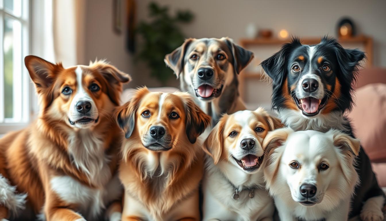 A warm, family-friendly scene featuring a group of popular, gentle dog breeds posing together in a cozy, home-like setting. The dogs are well-groomed, with friendly expressions and relaxed body language, surrounded by soft, natural lighting and a blurred, pastel-colored background that suggests a comfortable, domestic environment. The composition is balanced, with the dogs positioned in the foreground, allowing their individual personalities and endearing characteristics to shine. This image aims to showcase the affectionate, loyal, and easygoing nature of these ideal companion animals for American households.