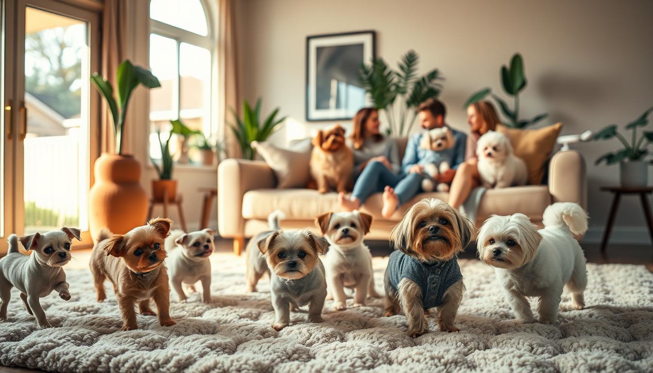 A cozy living room scene, bathed in warm, soft lighting. In the foreground, a group of small, playful dogs of various breeds - a chihuahua, a poodle, a shih tzu, and a yorkshire terrier - frolicking on a plush, tufted rug. In the middle ground, a pair of fluffy, attentive companion dogs - a pomeranian and a maltese - gazing up adoringly at their human caretakers, who are seated on a comfortable, mid-century modern sofa. The background features tasteful, minimalist decor, with houseplants and a large window offering a glimpse of a tranquil suburban neighborhood outside. The overall mood is one of domestic bliss and the endearing charm of these diminutive canine companions.