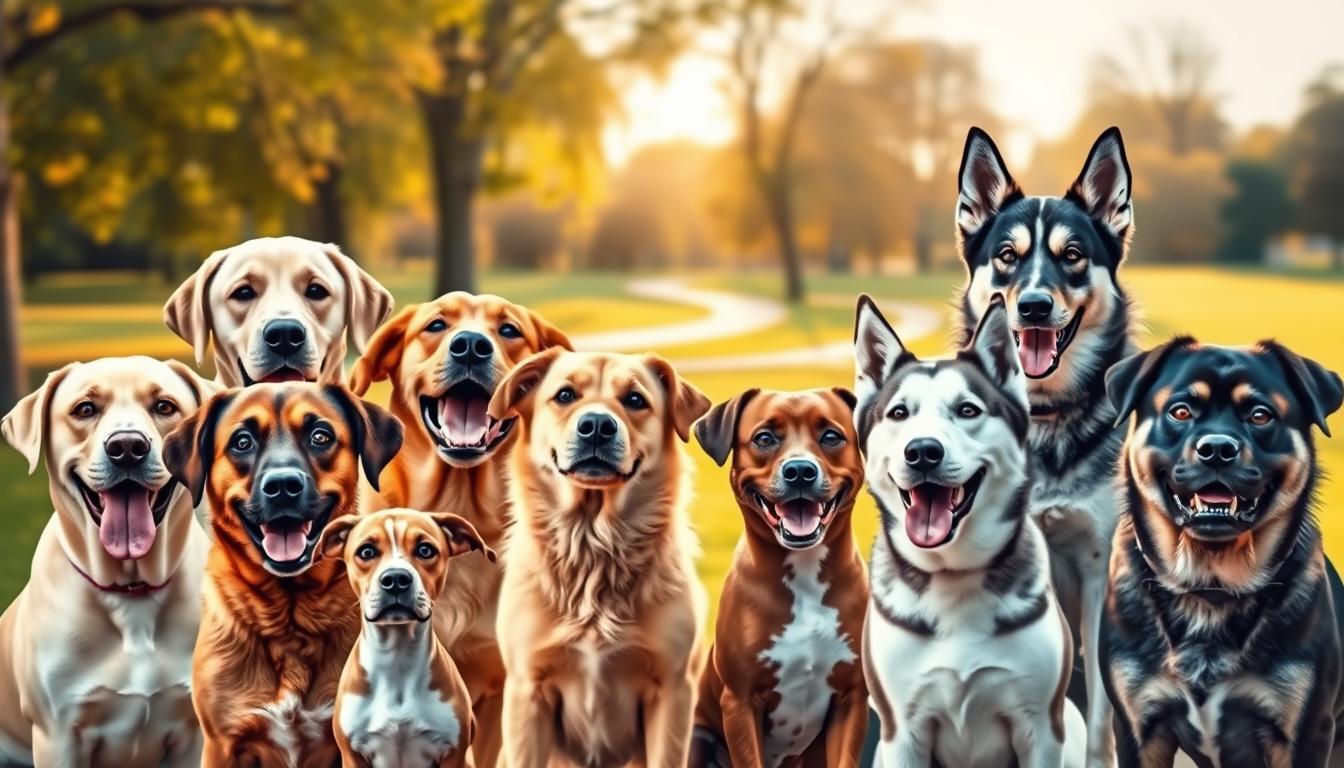 A vibrant, high-quality image showcasing the top 10 most popular dog breeds in America today. In the foreground, a dynamic arrangement of 10 distinct canine portraits, each representing a different breed - a friendly Labrador Retriever, playful Golden Retriever, loyal German Shepherd, affectionate Bulldog, curious Beagle, energetic French Bulldog, intelligent Poodle, gentle Boxer, lively Rottweiler, and majestic Husky. The middle ground features a soft, out-of-focus backdrop of a warm, sun-drenched park, with lush greenery and a hint of a winding path. The lighting is natural and flattering, with a slight golden hue that creates a welcoming, nostalgic atmosphere. The overall composition is balanced, dynamic, and showcases the diversity and popularity of these beloved canine companions.