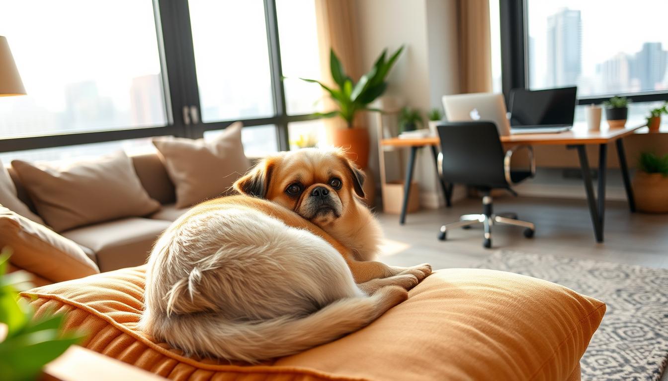 A cozy apartment living room, with comfortable furniture and soft lighting. In the foreground, a small, energetic dog breed - perhaps a Pug, Cavalier King Charles Spaniel, or Shih Tzu - curled up contentedly on a plush cushion, its fluffy coat shimmering. The dog's alert expression and wagging tail suggest it is ready to greet its full-time working owner coming home. In the middle ground, a well-organized home office setup, with a laptop, plants, and other productivity-enhancing elements. The background features large windows overlooking a bustling city skyline, hinting at the busy lifestyles of the apartment's residents. The overall scene conveys a sense of harmony, where a small, affectionate dog breed thrives within the confines of an urban apartment, complementing the active lifestyle of its full-time working owner.