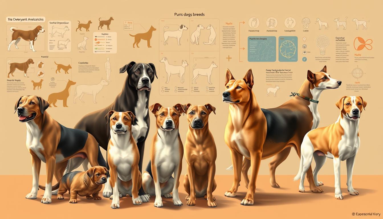 A detailed illustration of the key physical and behavioral characteristics of different popular dog breeds, captured in a realistic and scientifically-accurate style. The foreground features a variety of purebred dogs posed in a natural setting, showcasing their distinctive features like coat, body shape, facial structure, and posture. The middle ground depicts simplified anatomical diagrams and infographic-style visualizations highlighting the breed-specific traits. The background blends scientific diagrams, microscopic views of canine DNA, and subtle symbolic elements representing the evolutionary and genetic factors that shape dog breeds. Warm, neutral lighting illuminates the scene, creating a sense of educational authority. The composition is balanced and visually compelling, guiding the viewer's attention through the multi-layered insights on dog breed characteristics.