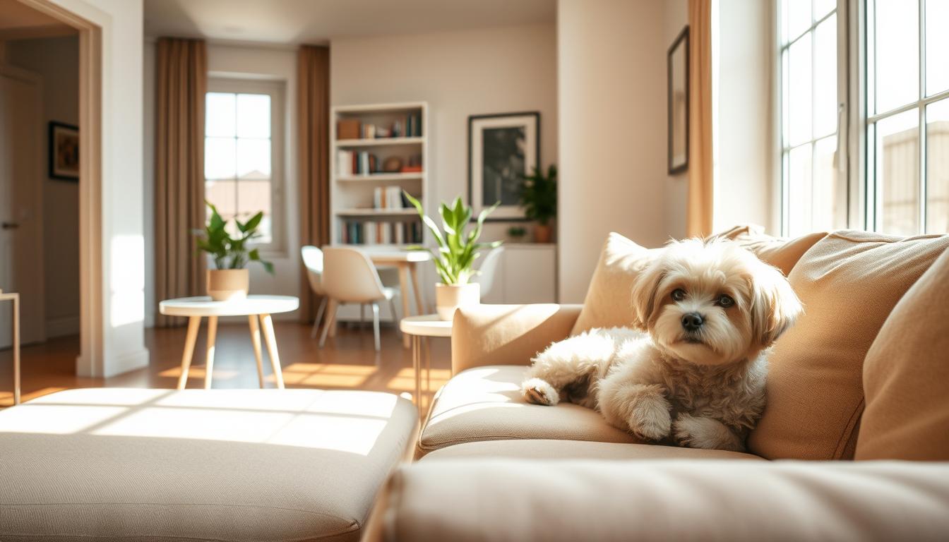 A cozy apartment living room, bathed in warm, natural lighting streaming through large windows. In the foreground, a small, fluffy dog breed - perhaps a Maltese, Poodle, or Bichon Frise - lounging contentedly on a plush, neutral-toned sofa. In the middle ground, a minimalist side table with a potted plant and a few carefully curated decor items, reflecting the apartment's stylish yet practical aesthetic. The background features neutral-toned walls, bookshelves, and a few framed artworks, creating a harmonious, inviting atmosphere suitable for a small, apartment-friendly canine companion.