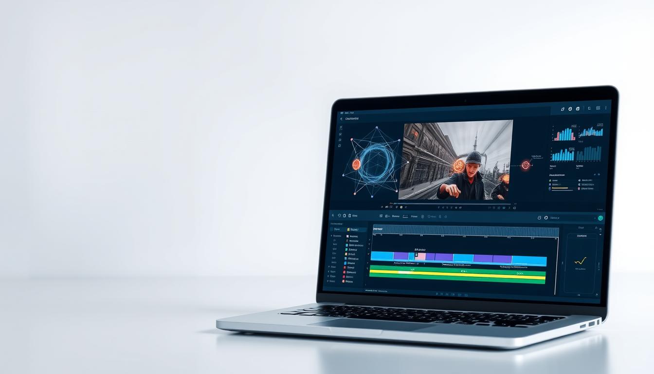 A sleek, modern video editing AI software interface set against a clean, minimalist background. The foreground features a laptop or desktop computer screen displaying a user interface with intuitive controls, sliders, and tools for video editing tasks. The middle ground showcases an abstract visualization of AI algorithms and data processing, with glowing nodes and lines connecting various elements. The background is a soft, gradient-based environment, conveying a sense of technological advancement and innovation. Bright, diffused lighting illuminates the scene, creating a professional, high-tech atmosphere. The overall impression should be that of a powerful, user-friendly video editing AI assistant that is at the forefront of media production technology.