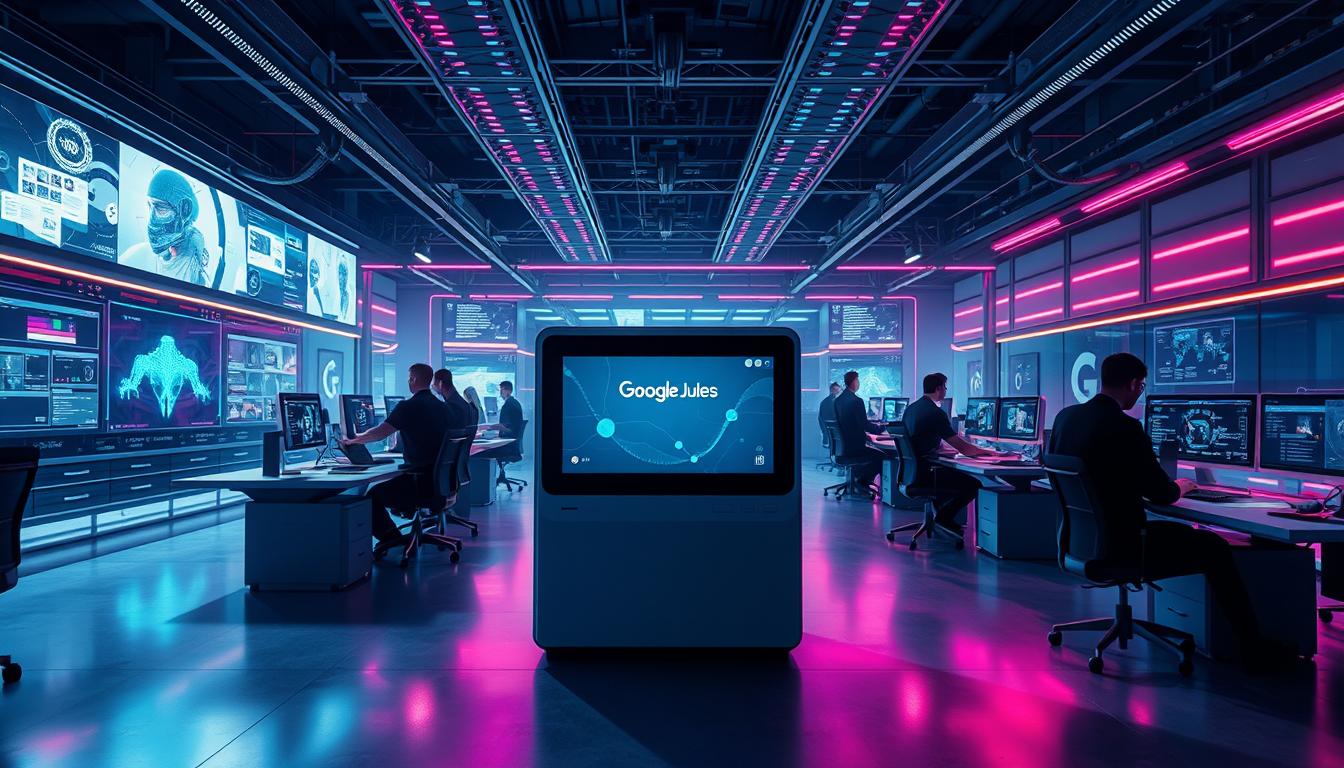A high-tech workspace with holographic displays and sleek workstations. In the foreground, a futuristic computer system labeled "Google Jules" stands out, showcasing advanced features. Surrounding it, the shadowy outlines of competing AI assistants, their interfaces less refined. Overhead, a vibrant, kaleidoscopic lighting system bathes the scene in an atmosphere of innovation and forward-thinking technology. Soft shadows add depth, while a slightly angled perspective gives the impression of a dynamic, cutting-edge environment. The overall mood is one of excitement and anticipation, hinting at the unique capabilities of Google Jules that set it apart from the competition.