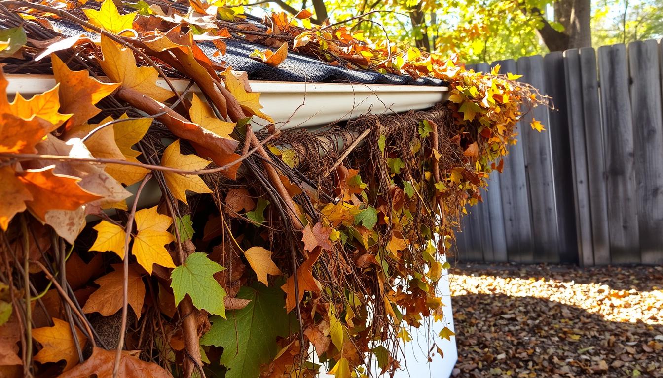 entupimento de calhas por folhas e detritos