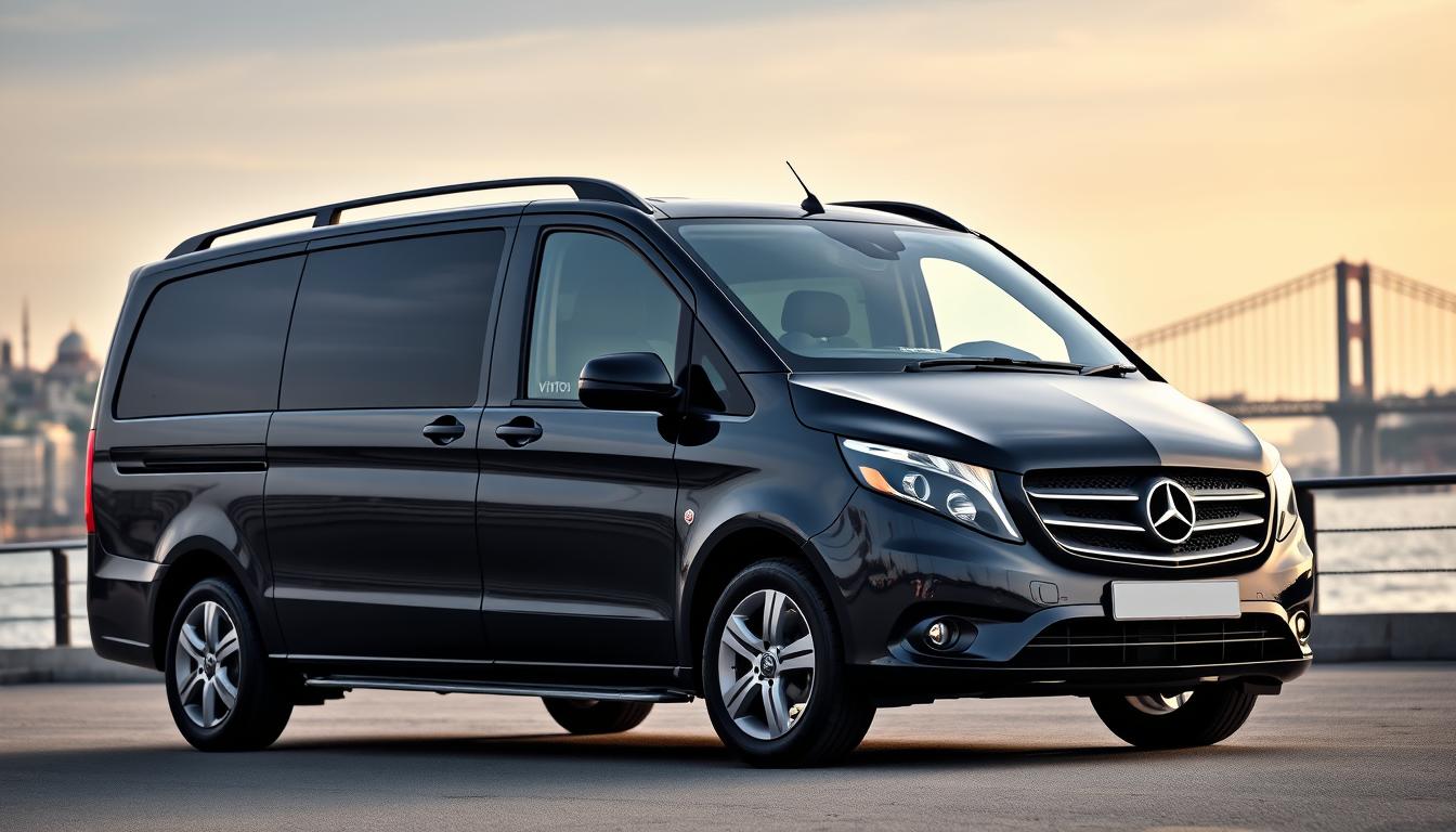 Lüks Mercedes Vito VIP araç kiralama hizmeti sunan siyah bir minibüs İstanbul manzarası önünde
