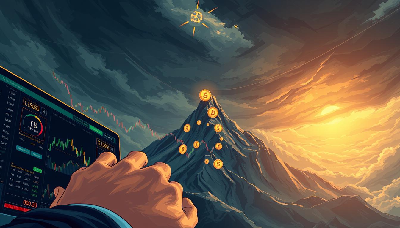 Pulse Of Profit: A detailed digital illustration depicting the concept of risk management in cryptocurrency trading. The foreground showcases a trader's hands carefully monitoring a trading dashboard, with various risk management tools and indicators displayed. The middle ground features a towering mountain of cryptocurrency symbols, symbolizing the volatility and potential rewards. The background depicts a turbulent, stormy sky, with rays of sunlight breaking through, representing the challenges and opportunities in the crypto market. The overall atmosphere conveys a sense of cautious optimism, highlighting the importance of navigating the crypto landscape with a well-considered risk management strategy.