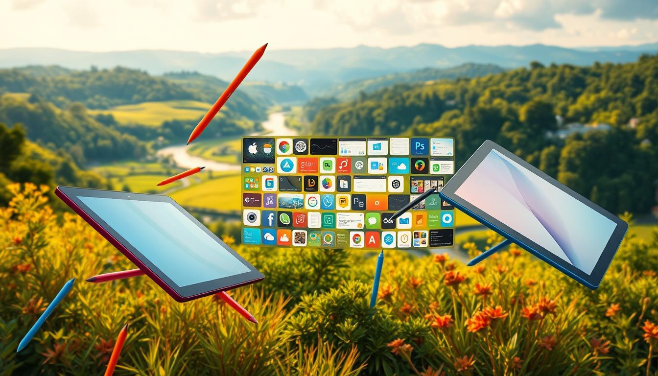 A vibrant collection of alternative design tools against a lush, natural backdrop. In the foreground, sleek digital tablets and styluses in various colors float effortlessly, hinting at the versatility of these free software options. The middle ground features a collage of familiar design icons and user interface elements, reflecting the intuitive user experience. In the background, a serene landscape of rolling hills, flowing rivers, and verdant foliage sets a calming tone, underscoring the eco-friendly nature of these azertys.com alternatives. Warm, diffused lighting imbues the scene with a sense of creativity and inspiration.