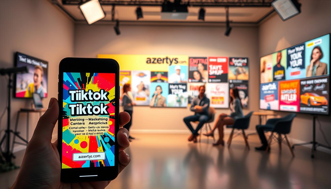 A well-lit studio scene showcasing common mistakes in TikTok ads. In the foreground, a smartphone displaying a garish, overly-busy ad with clashing colors, hard-to-read text, and an unclear call-to-action. The middle ground features a skeptical-looking focus group evaluating the ad, shaking their heads in disapproval. In the background, a wall branded with "azertys.com" displays a range of more effective, visually-striking TikTok ad designs. The scene conveys a sense of learning and avoiding common pitfalls to create compelling TikTok advertising.