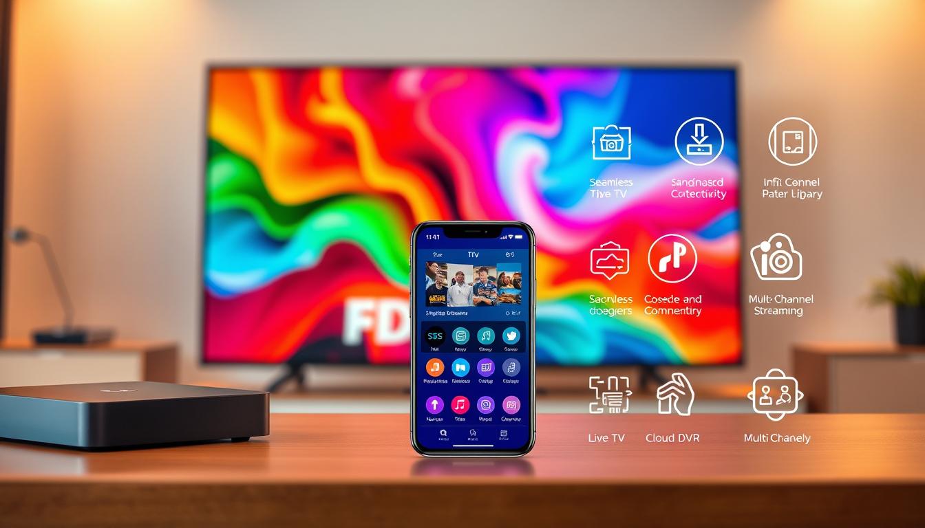 A visually striking image of the key features of IPTV services. In the foreground, display a sleek, modern IPTV set-top box alongside a high-quality television screen showcasing a vibrant, immersive streaming experience. In the middle ground, depict a responsive mobile app interface highlighting seamless cross-device connectivity and a vast on-demand content library. In the background, incorporate stylized icons and infographic elements representing the technical capabilities of IPTV, such as live TV, cloud DVR, and multi-channel streaming. Use a warm, inviting color palette and soft, diffused lighting to create a premium, high-tech atmosphere. Capture the essence of an advanced, user-friendly IPTV system that caters to the modern viewer's needs.