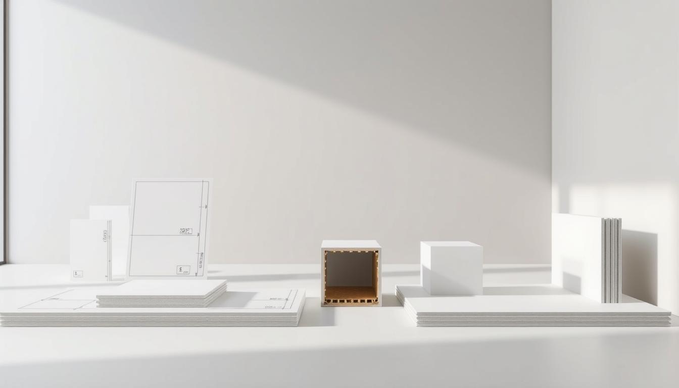 A detailed ArchUp diagram showcasing the standard sizes of gypsum boards. In the foreground, crisp technical drawings of rectangular gypsum boards of varying dimensions, arranged in a clean, grid-like layout. The middle ground features cutaway views revealing the internal structure and materials. In the background, a softly-lit, minimalist setting with muted tones, highlighting the practical yet elegant nature of these construction materials. Bright, directional lighting casts clean shadows, emphasizing the geometric forms. Rendered with a technical, architectural illustration style to convey the subject's specifications with precision.