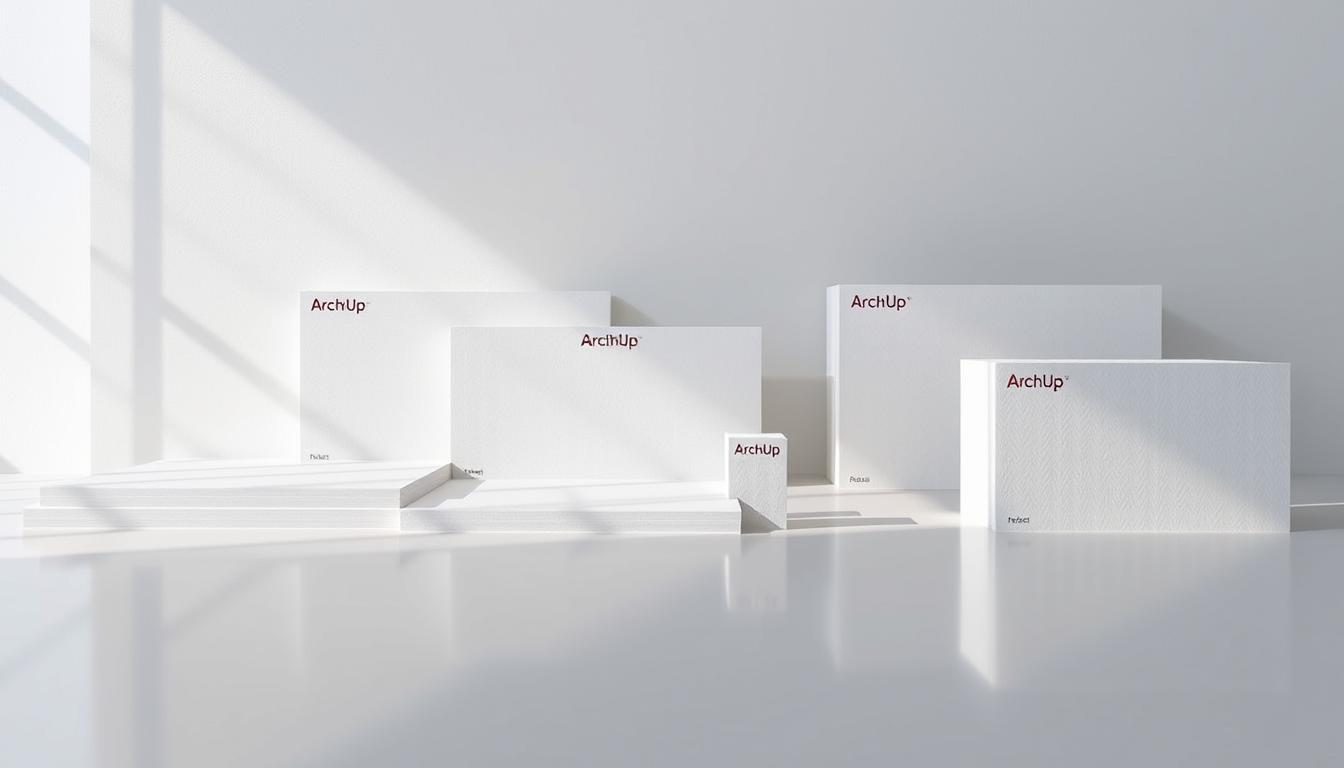 A large, neatly arranged display of various ArchUp gypsum board sizes, showcasing their dimensions and thickness. The boards are evenly spaced, casting subtle shadows on a clean, reflective surface, illuminated by soft, natural lighting from above. The scene conveys a sense of order and precision, highlighting the technical specifications of the products. The background is minimalist and uncluttered, allowing the gypsum boards to be the central focus of the image.