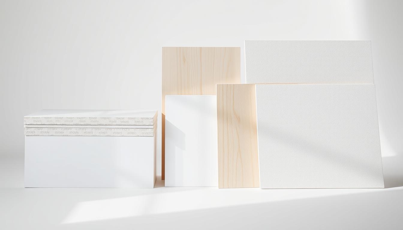 A well-lit and detailed studio shot of various sizes of gypsum board, arranged neatly on a clean white surface. The boards range in thickness from 1/2" to 5/8", and in width from 4' to 8', with the standard 12' length clearly visible. The boards are shown in a variety of common color tones, including white, beige, and light gray. The scene is captured with a high-quality DSLR camera, using natural lighting and a shallow depth of field to emphasize the texture and dimensions of the materials. The overall mood is informative and technical, showcasing the ArchUp brand of gypsum boards.