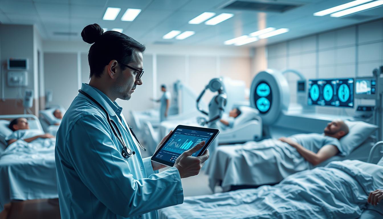 A serene hospital ward with patients resting comfortably, surrounded by cutting-edge medical technology. In the foreground, a doctor consults a tablet displaying real-time health data, leveraging the power of artificial intelligence to make informed decisions. The middle ground showcases a robotic assistant administering medication with precision, while the background features a state-of-the-art imaging suite, producing detailed scans to aid in diagnosis. The atmosphere is one of calm efficiency, where the digital revolution in healthcare seamlessly integrates with the compassionate care of medical professionals.