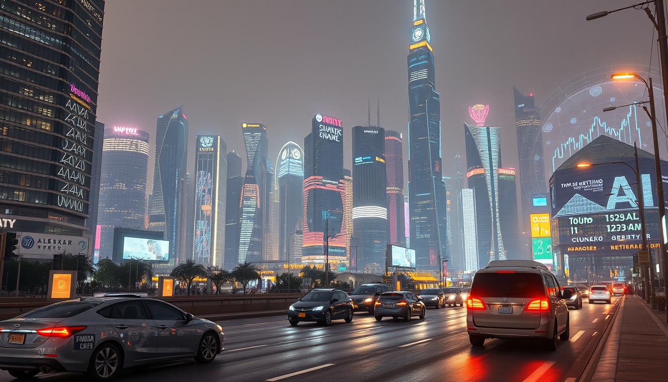 A futuristic cityscape illuminated by glowing holographic displays, showcasing the rapid advancements of artificial intelligence. In the foreground, sleek autonomous vehicles navigate seamlessly through the bustling streets, while in the middle ground, towering skyscrapers incorporate AI-driven smart systems for energy efficiency and infrastructure management. The background is filled with ethereal data visualizations, representing the complex algorithms and neural networks powering the city's intelligent systems. The scene is bathed in a warm, diffused lighting, creating an atmosphere of technological progress and innovation.