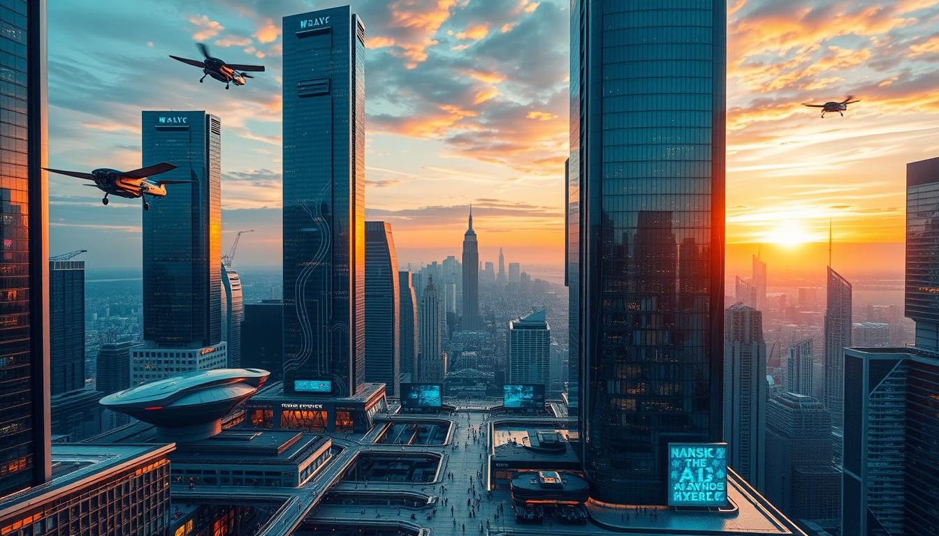 A hyper-futuristic cityscape in 2025, with towering skyscrapers made of gleaming steel and glass, their sleek facades reflecting the vibrant hues of a holographic sky. In the foreground, autonomous flying vehicles seamlessly navigate between buildings, their soft hum punctuating the air. Amidst the technological wonder, a network of advanced pedestrian walkways and transport hubs teem with a diverse array of humanoid robots and cybernetically enhanced individuals. The middle ground reveals a bustling hub of innovation, where holographic displays showcase the latest breakthroughs in AI, nanotech, and renewable energy. In the background, a magnificent cityscape stretches out, its futuristic silhouette bathed in the warm glow of a setting sun, hinting at the boundless potential of technological progress.