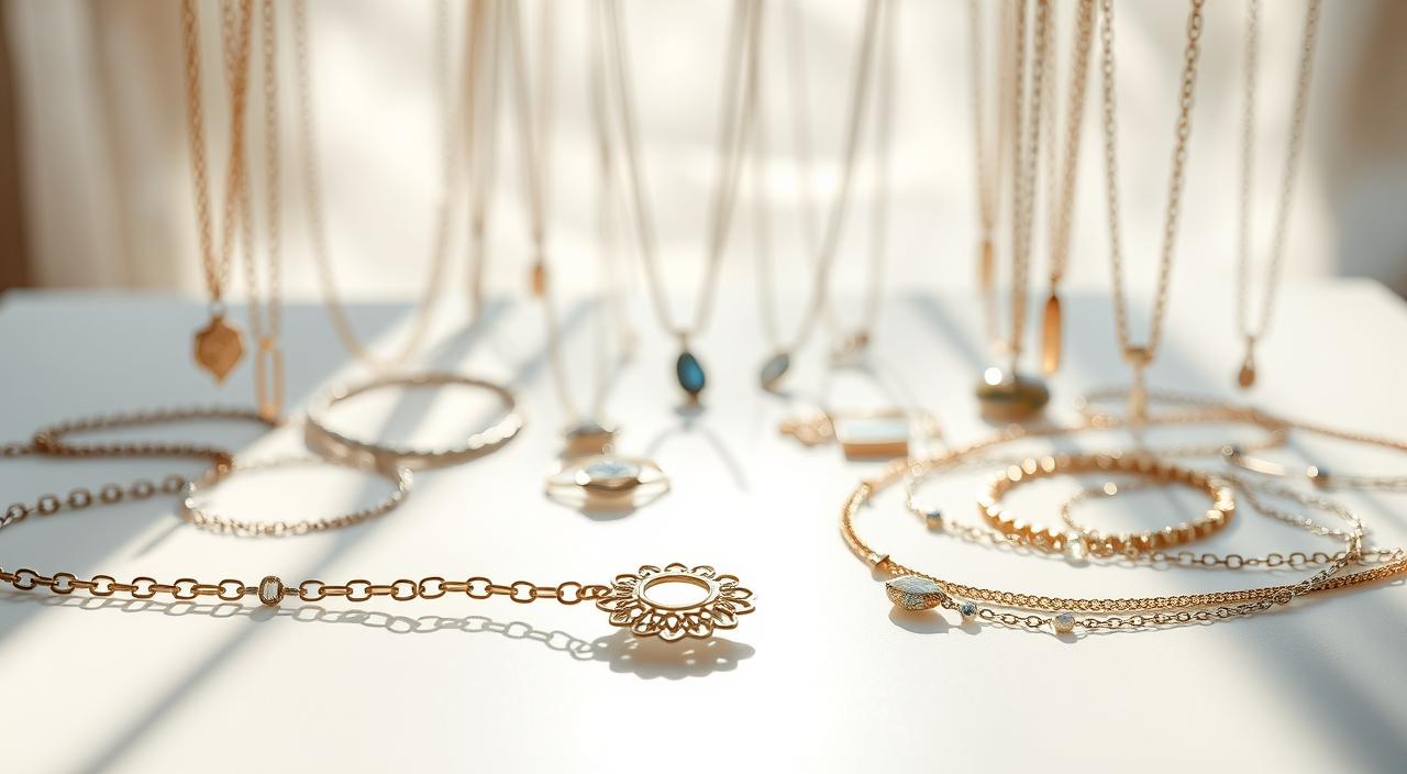 A stunning still life of the latest necklace trends for the current season, captured in soft, natural lighting. In the foreground, a delicate chain with a statement pendant takes center stage, its intricate design casting gentle shadows on the smooth surface below. Surrounding it, an array of other necklace styles - from minimalist chokers to layered lariats - are artfully arranged, each piece showcasing the season's key design elements: shimmering metals, organic shapes, and subtle pops of color. The middle ground features a curated selection of jewelry pieces, hinting at the diverse range of options available. In the background, a softly blurred, elegant backdrop adds depth and a sense of luxury, allowing the jewelry to shine as the true focal point of the image.