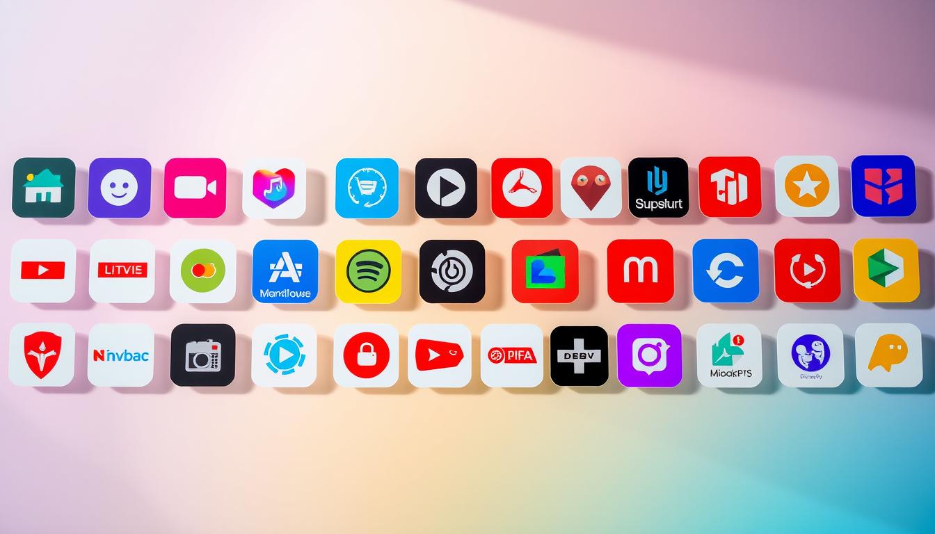 A vibrant array of smart TV app icons arranged in a visually appealing layout, showcasing a wide range of popular entertainment, streaming, and utility applications. The icons are depicted with clean, high-contrast designs, each one distinct and immediately recognizable. The background is a soft, gradient-based color scheme, lending a modern and sophisticated feel to the overall composition. The lighting is natural and diffused, creating a sense of depth and dimensionality. The camera angle is slightly elevated, allowing the viewer to see the full breadth of the app selection, with a focus on the foreground icons for maximum impact and clarity.