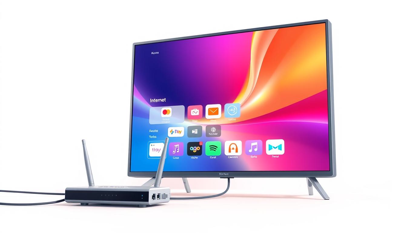 A detailed digital illustration of a modern flat-screen television set connected to a sleek, minimalist internet router via an Ethernet cable. The TV screen displays a vibrant, colorful interface with various internet-connected apps and services. The overall composition has a clean, high-tech aesthetic with a focus on the seamless integration of television and the internet. The lighting is soft and diffused, creating a warm, inviting atmosphere. The camera angle is slightly elevated, providing a clear, unobstructed view of the setup. The background is a simple, neutral palette allowing the technology to take center stage.