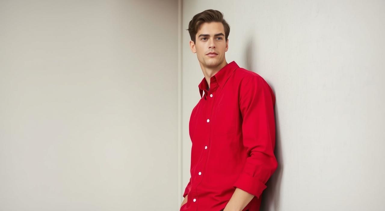 A fashionable casual look with a vibrant red button-down shirt. The model is casually posed, perhaps leaning against a neutral wall or standing in a minimalist setting that allows the shirt to be the star of the composition. Lighting is soft and natural, creating subtle shadows and highlights that accentuate the shirt's texture and color. The camera angle is slightly elevated, giving a sense of confident, relaxed style. The overall mood is modern, stylish, and approachable, reflecting the versatility of a red casual shirt in a contemporary wardrobe.