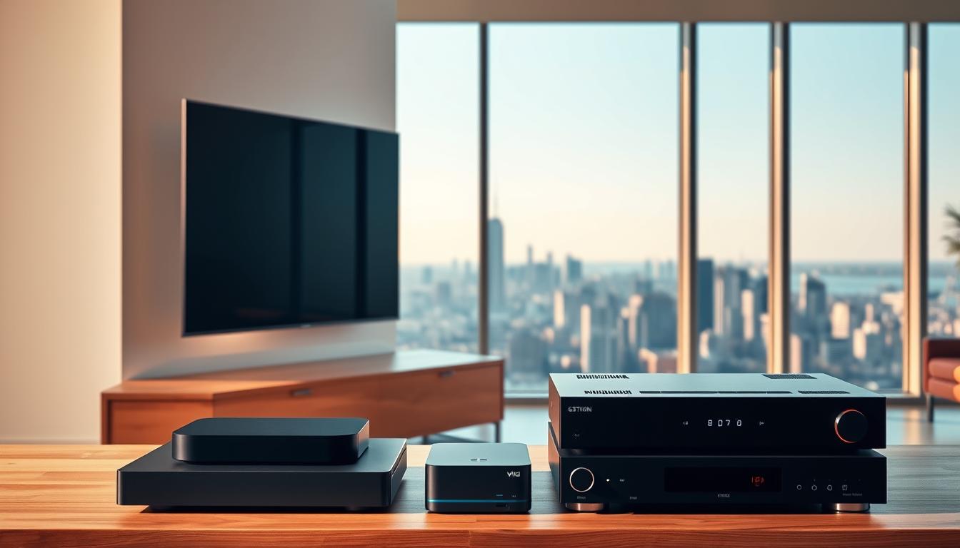 A modern, minimalist living room with a large, flat-screen TV mounted on the wall. In the foreground, a sleek, high-end streaming device rests on a modern, wooden entertainment center. The middle ground features two different cable/satellite TV receivers, showcasing the contrasting physical hardware required for traditional pay-TV services. The background depicts a panoramic view of a city skyline through large, floor-to-ceiling windows, bathed in warm, natural lighting. The overall scene conveys a sense of technological progress and the convenience of streaming, juxtaposed with the more complex setup needed for traditional television subscriptions.