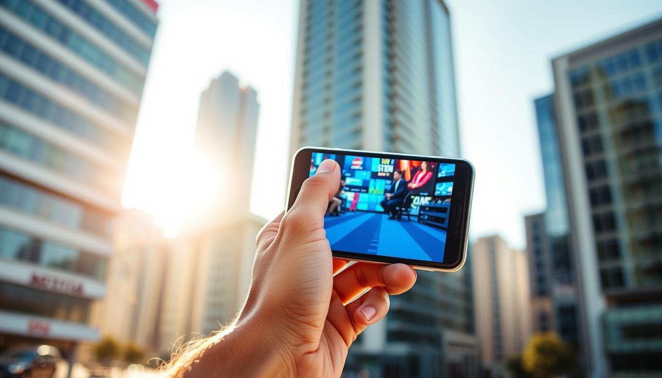 A vibrant and dynamic mobile streaming scene. In the foreground, a person's hand holding a smartphone, the screen displaying a live TV stream with vivid colors and sharp details. The background features a blurred urban landscape, with modern high-rise buildings and a clear, sunlit sky. The lighting is natural and warm, creating a sense of energy and connectivity. The overall composition conveys the ease and convenience of accessing live content on the go, reflective of the "Opções de Streaming em Dispositivos Móveis" section.