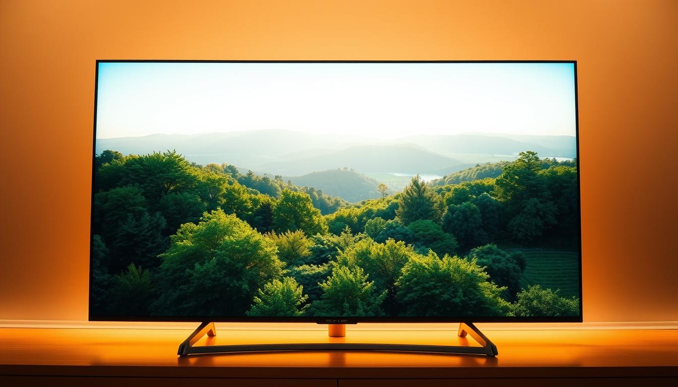 A stunning 4K ultra high-definition television screen, its crystal-clear display showcasing vibrant colors, sharp details, and exceptional contrast. The screen is bathed in warm, diffused lighting, casting a soft glow on the sleek, minimalist design. The screen's surface reflects the viewer's environment, creating a seamless integration between the digital and physical worlds. In the foreground, a crisp, lifelike image of a lush, verdant landscape fills the display, drawing the viewer into a vivid, immersive visual experience. The overall atmosphere conveys a sense of technological sophistication and the power of modern display technologies to transform the way we perceive and engage with visual media.